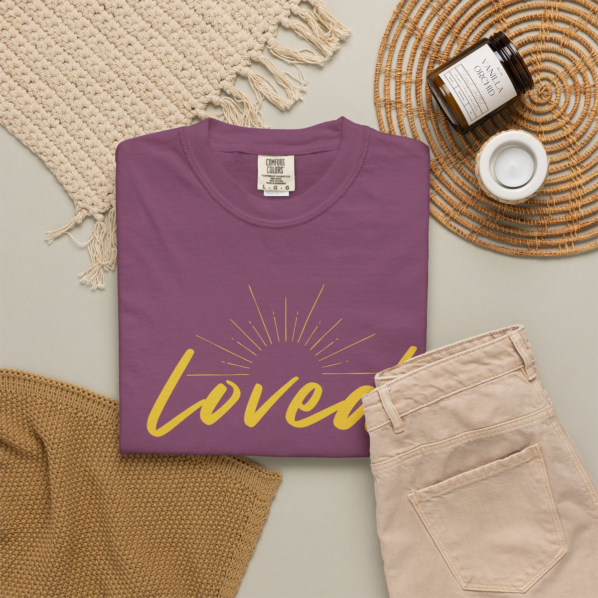 Loved Script T-Shirt — "Loved" Gold Script Tee with Inspirational Scripture Text (John 15:9-10)
