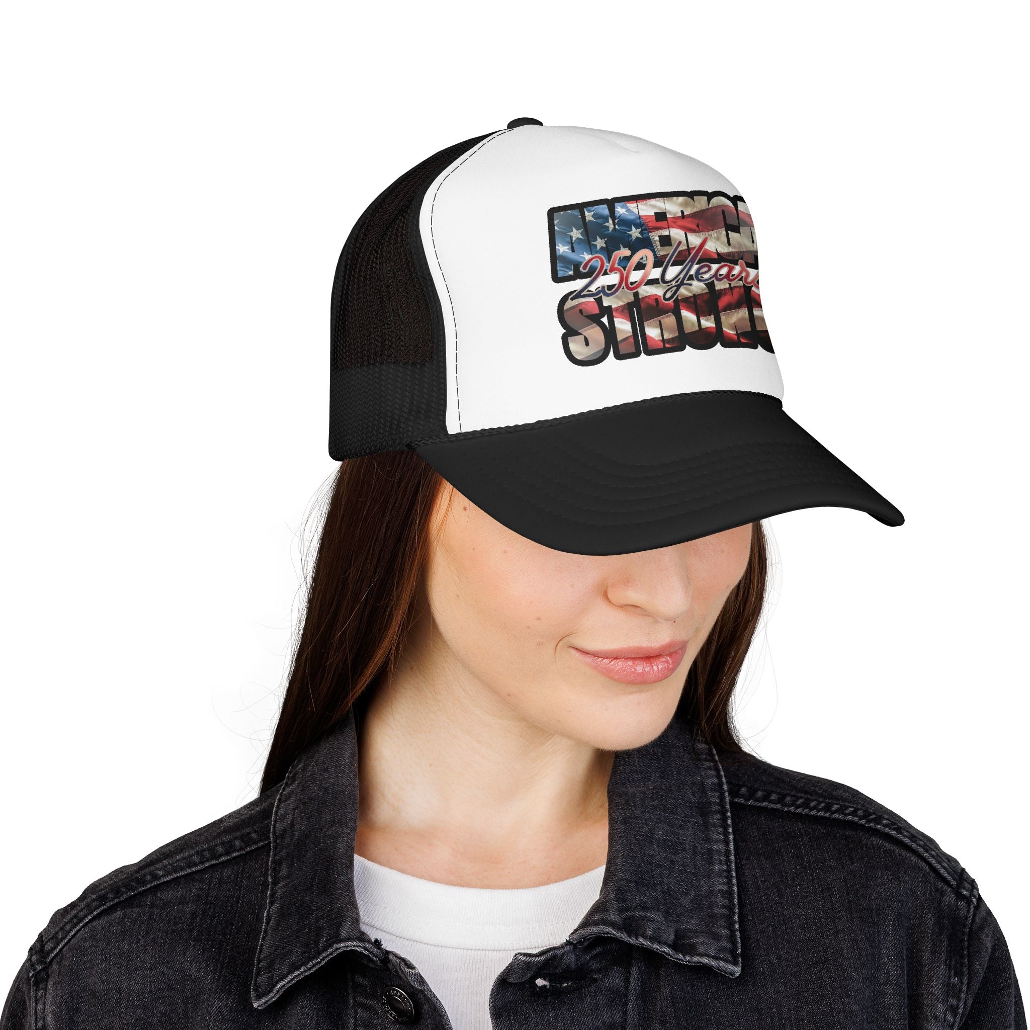 "250 Years Strong" Vintage American Flag Trucker Hat — Patriotic Cap