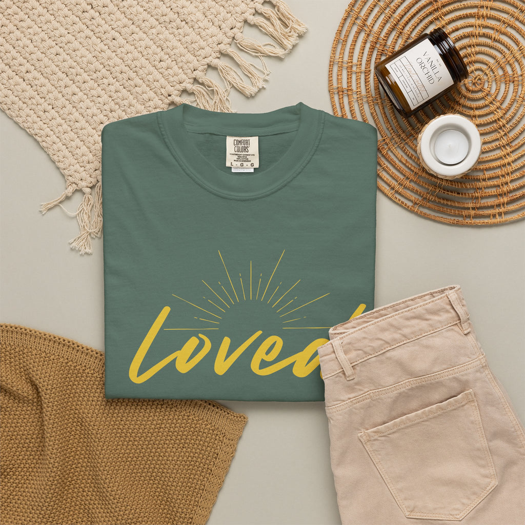 Loved Script T-Shirt — "Loved" Gold Script Tee with Inspirational Scripture Text (John 15:9-10)