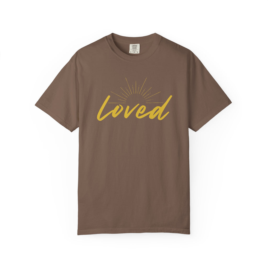 Loved Script T-Shirt — "Loved" Gold Script Tee with Inspirational Scripture Text (John 15:9-10)