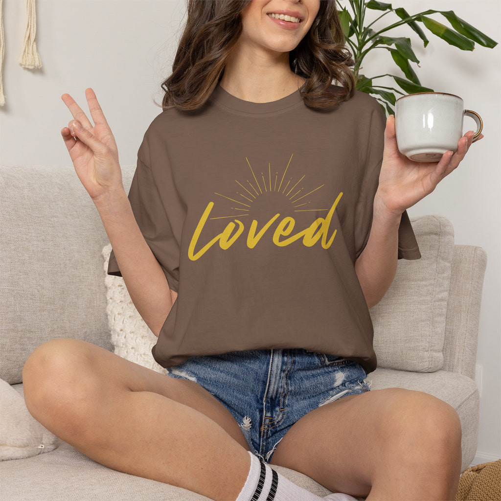 Loved Script T-Shirt — "Loved" Gold Script Tee with Inspirational Scripture Text (John 15:9-10)