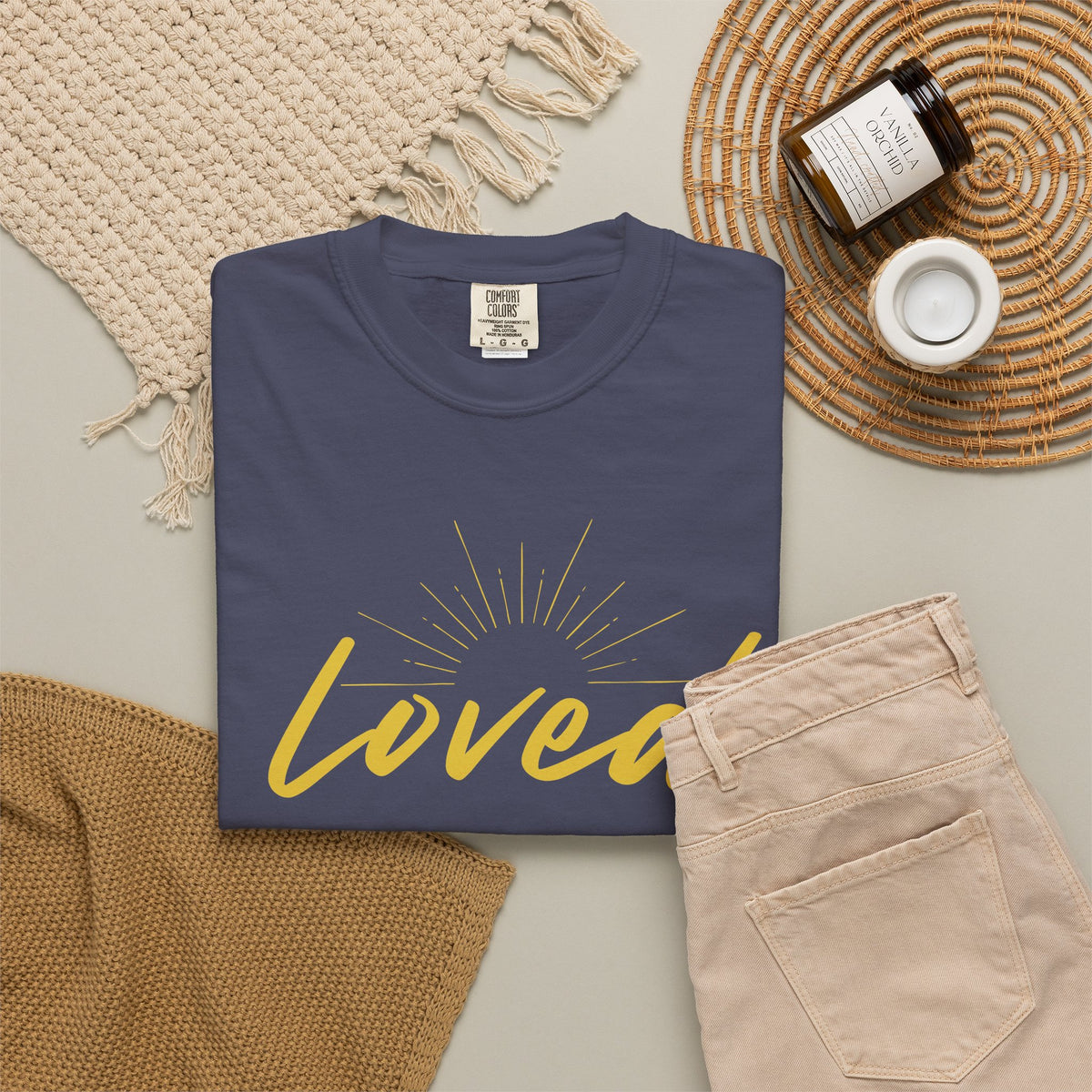 Loved Script T-Shirt — "Loved" Gold Script Tee with Inspirational Scripture Text (John 15:9-10)