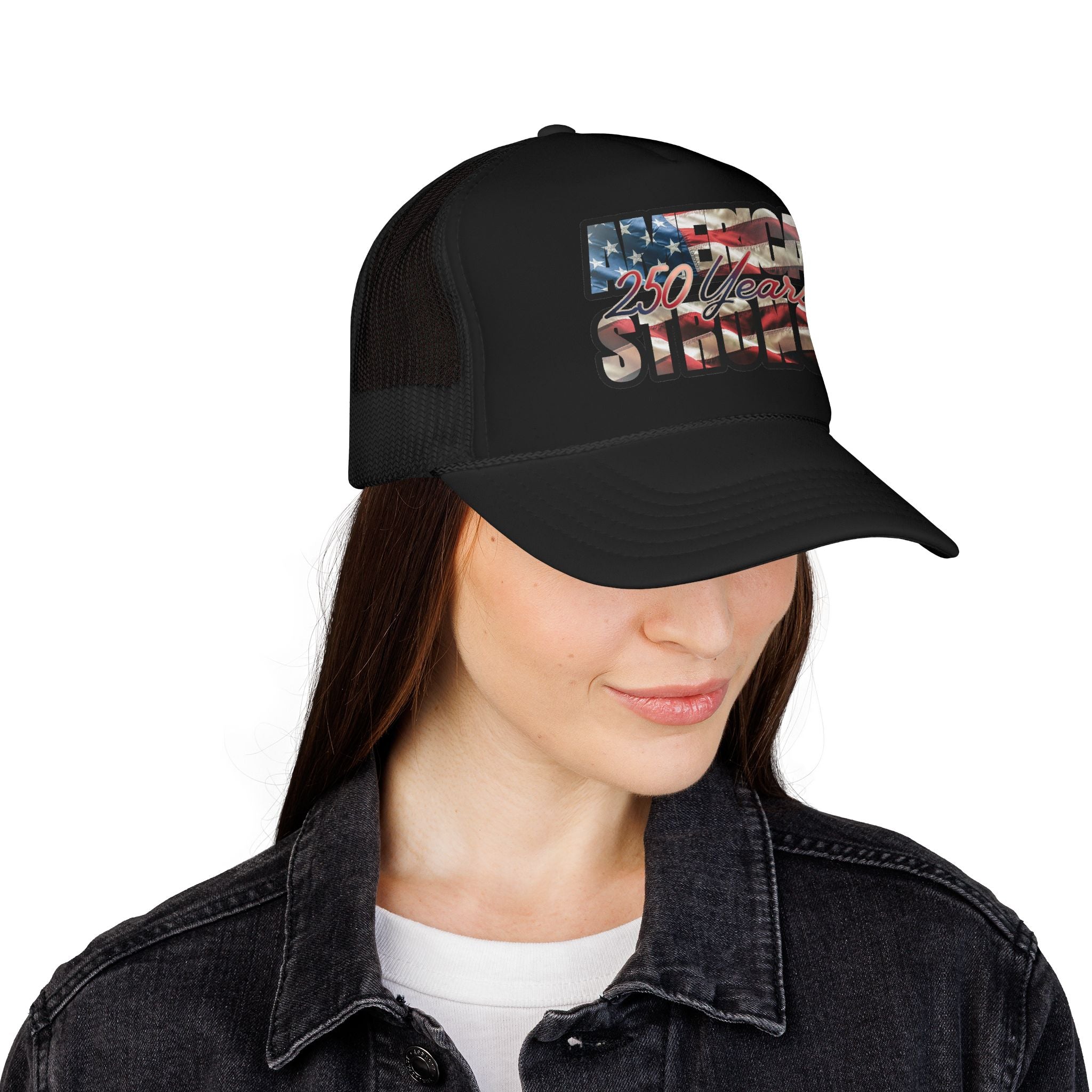 "250 Years Strong" Vintage American Flag Trucker Hat — Patriotic Cap