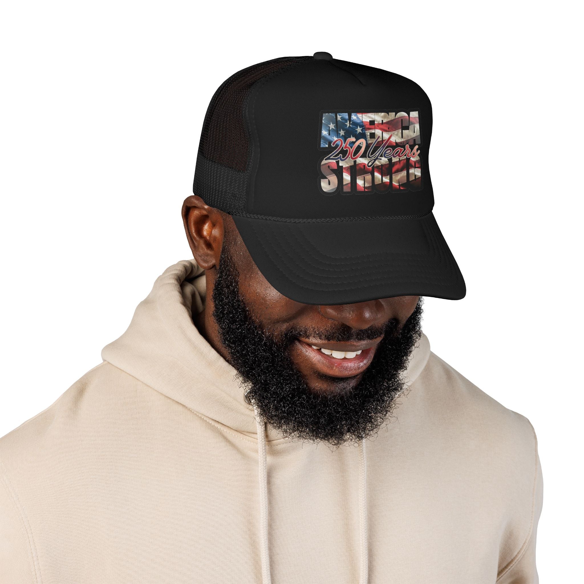 "250 Years Strong" Vintage American Flag Trucker Hat — Patriotic Cap