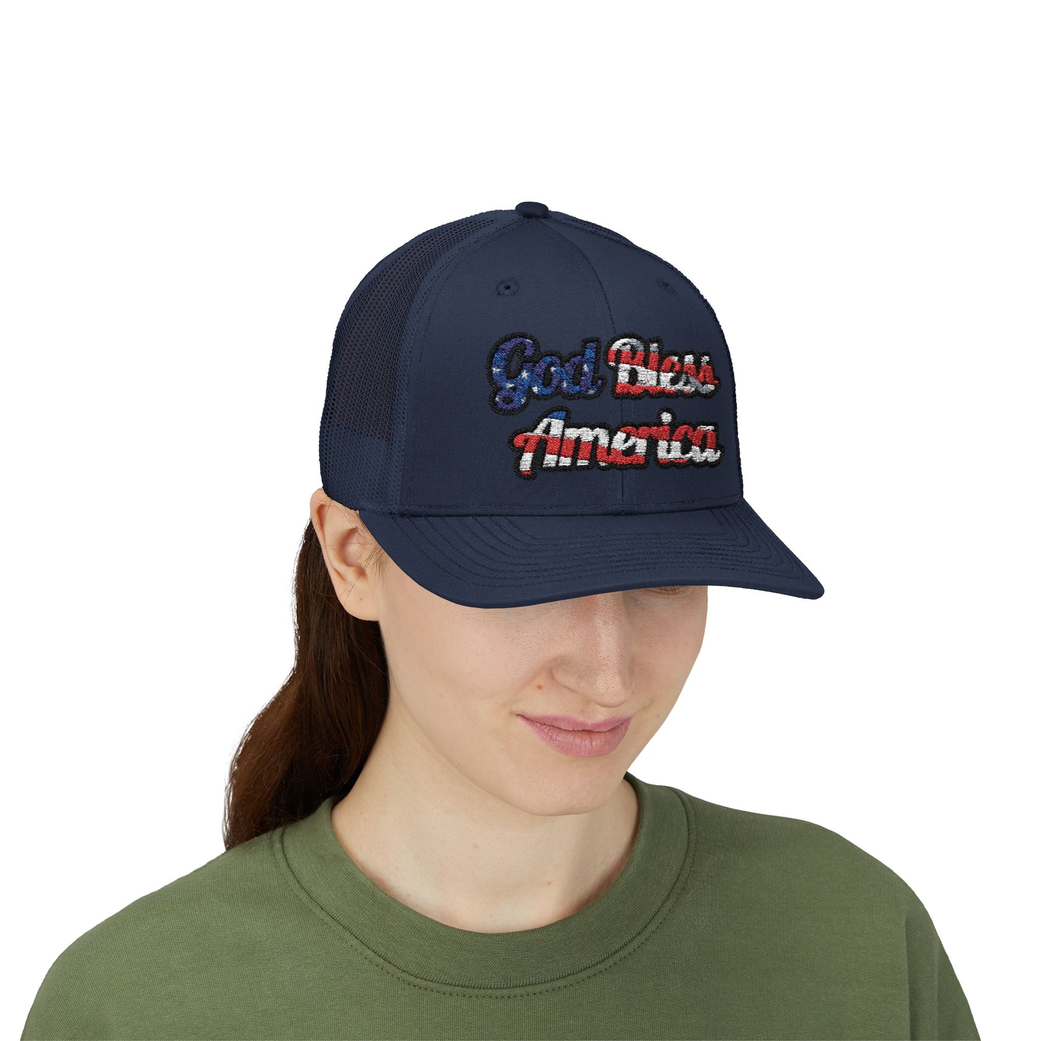 God Bless America Embroidery Snapback Trucker Cap