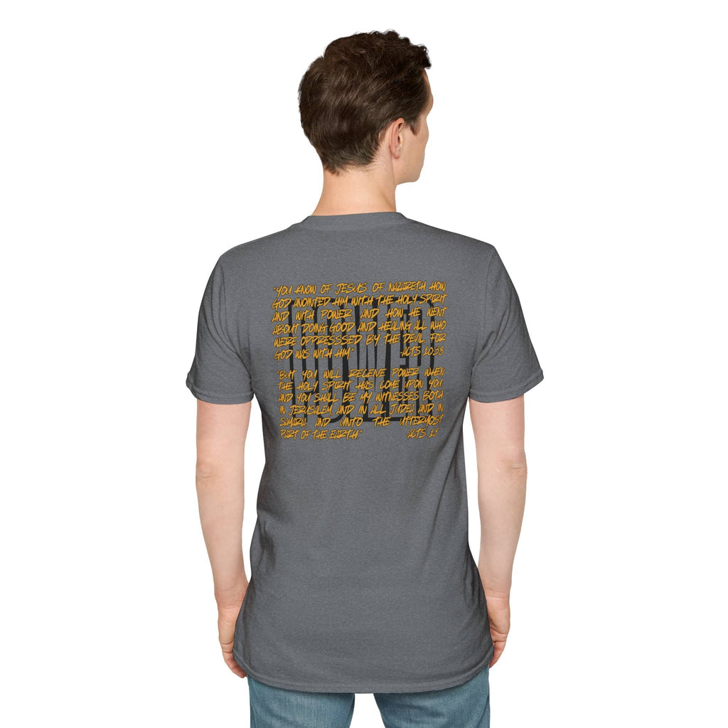 Back view of gray scripture graphic tee featuring inspirational text design