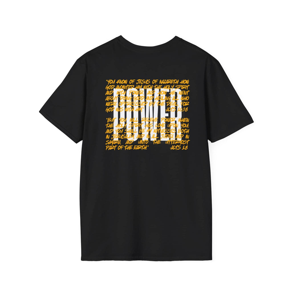 Black scripture graphic tee with inspiring phrase on back, showcasing bold lettering