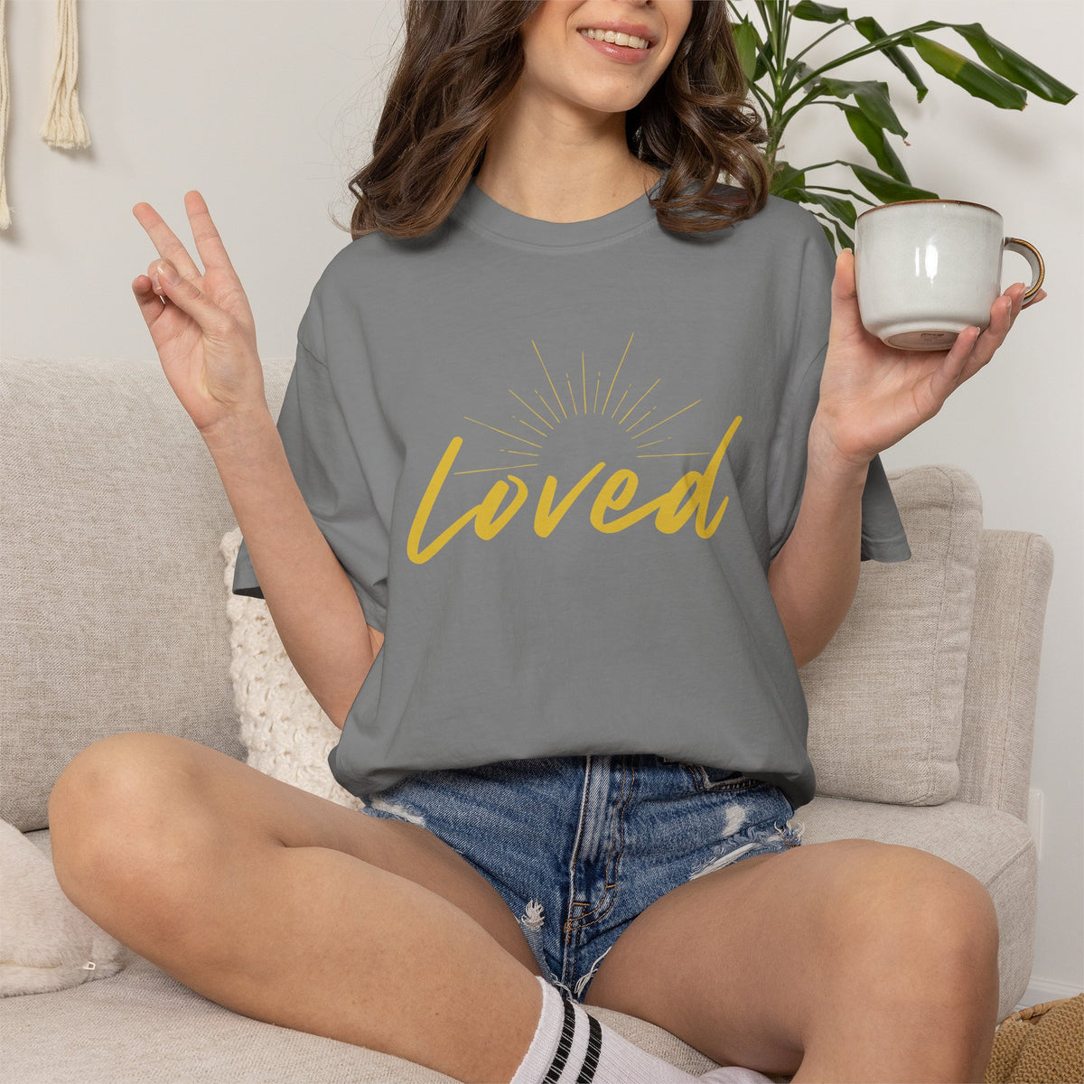 Loved Script T-Shirt — "Loved" Gold Script Tee with Inspirational Scripture Text (John 15:9-10)