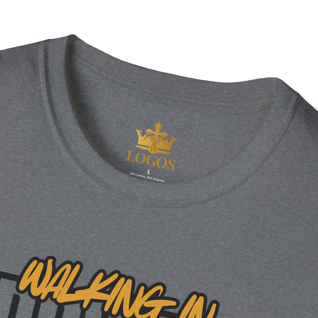 Gray scripture graphic tee featuring the phrase Walking in Faith on the front