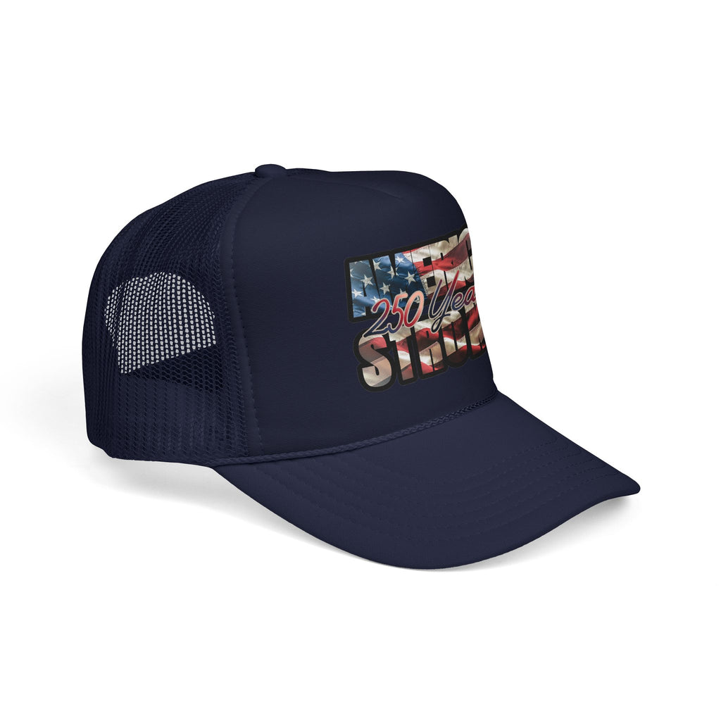 "250 Years Strong" Vintage American Flag Trucker Hat — Patriotic Cap