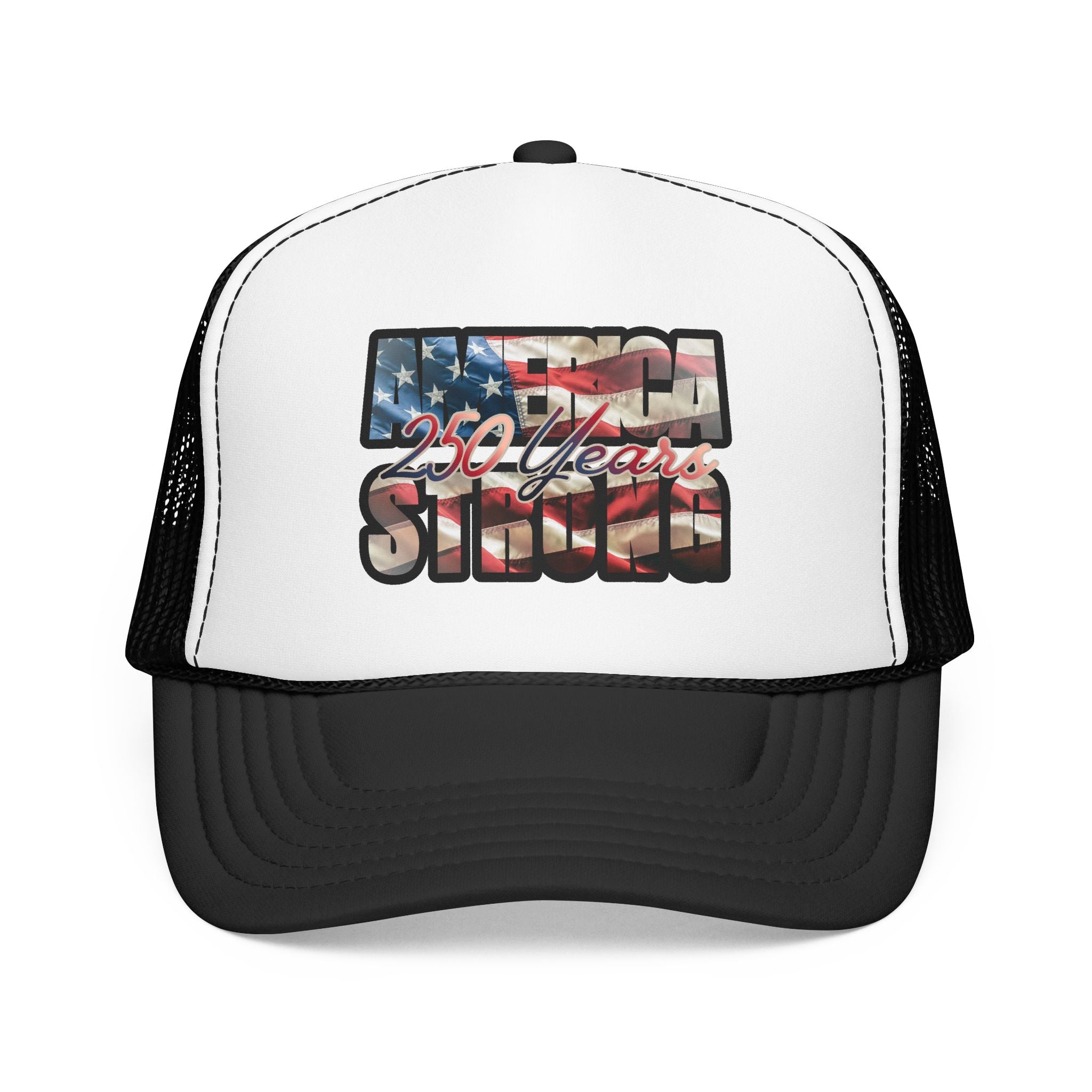 "250 Years Strong" Vintage American Flag Trucker Hat — Patriotic Cap
