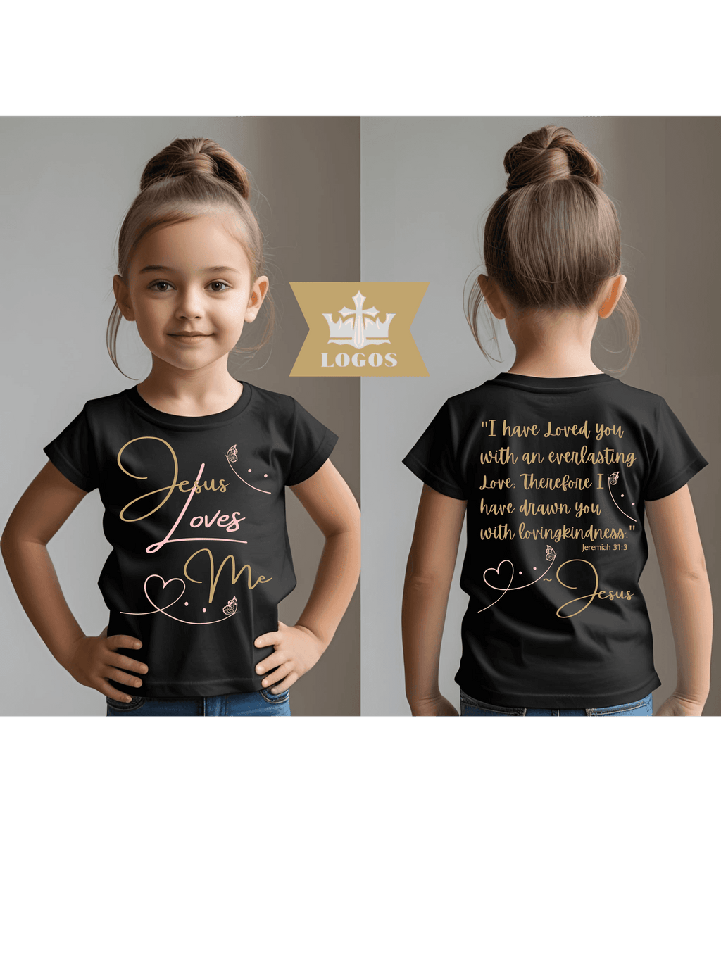 Logos Co. black Jesus Loves Me shirt for girls showing the front and back designs 