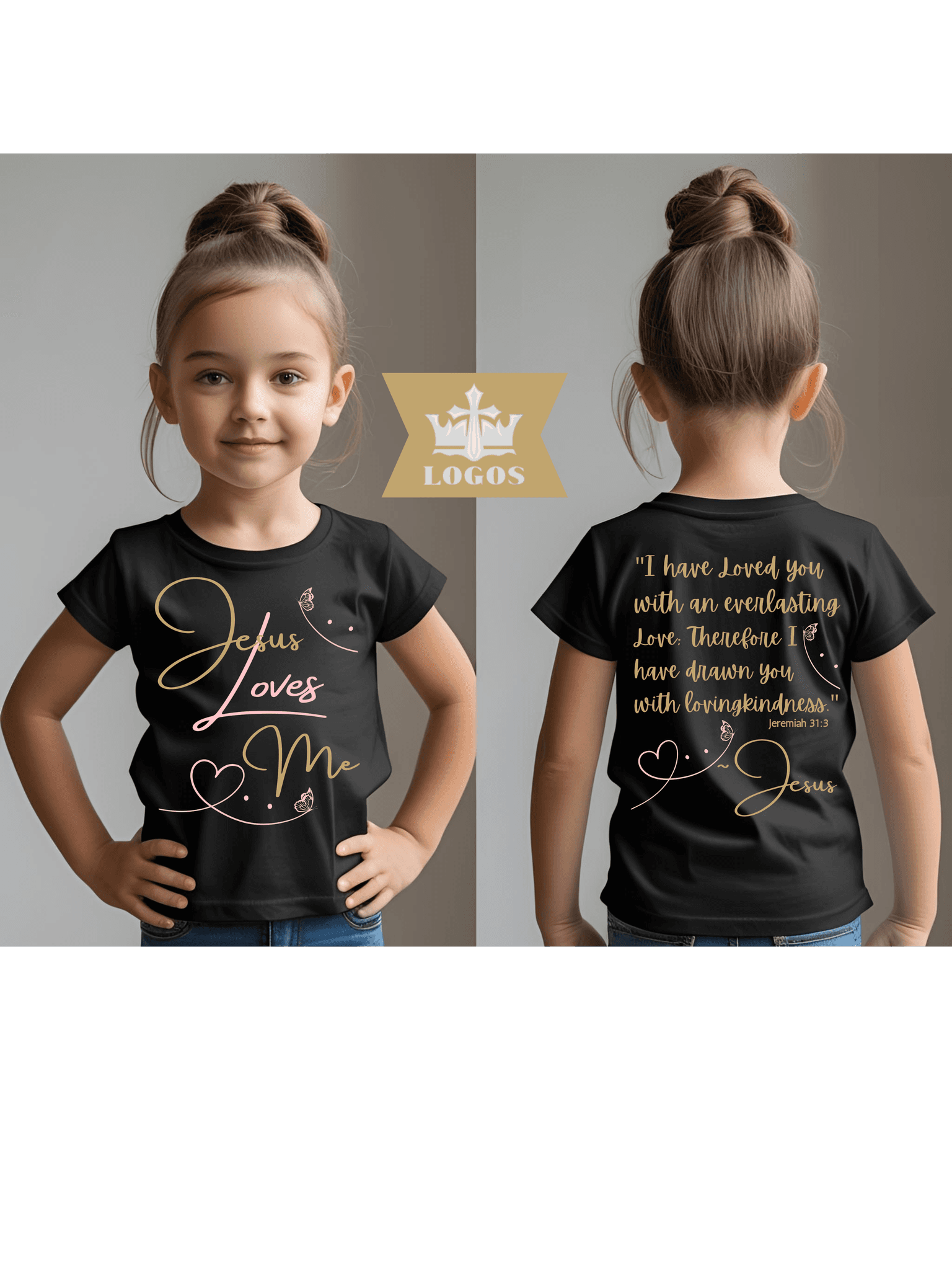 Logos Co. black Jesus Loves Me shirt for girls showing the front and back designs 