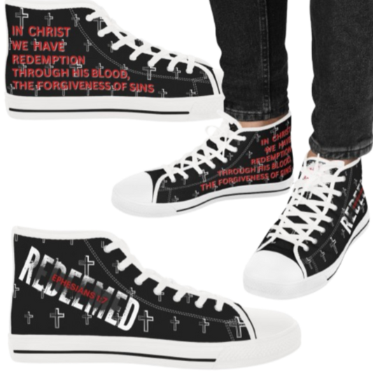 High-top sneakers with religious text and designs on a white background