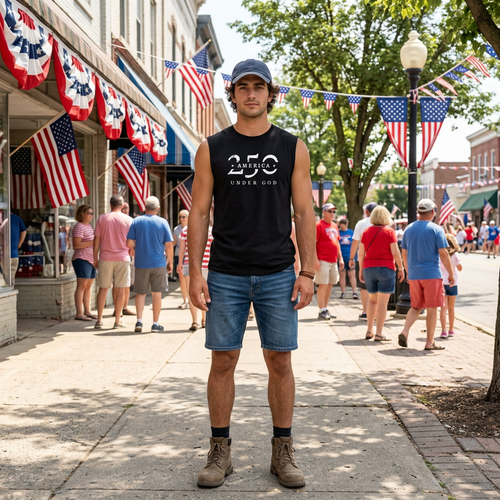 Muscle tank top with 'America 250 Under God' in black, front view on a festive street