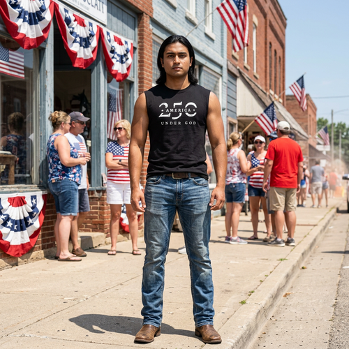 Muscle tank top with America 250 'Under God' printed in black, front view on a sunny street