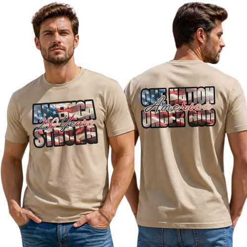 Men's America 250 Years Strong T-Shirt in beige with patriotic front and back views