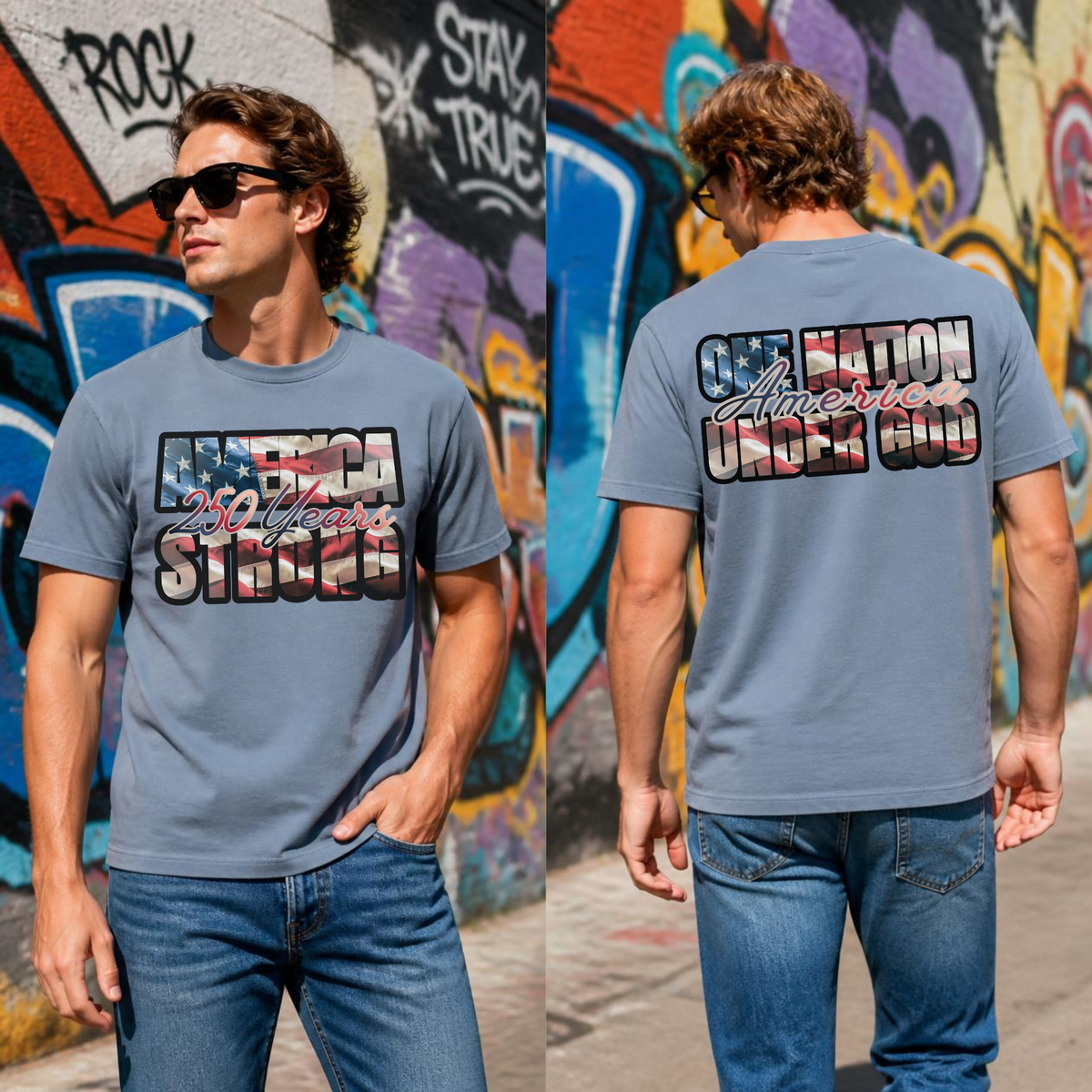 T-Shirt with America 250 Years Strong graphic in blue, front and back view showcasing patriotic design