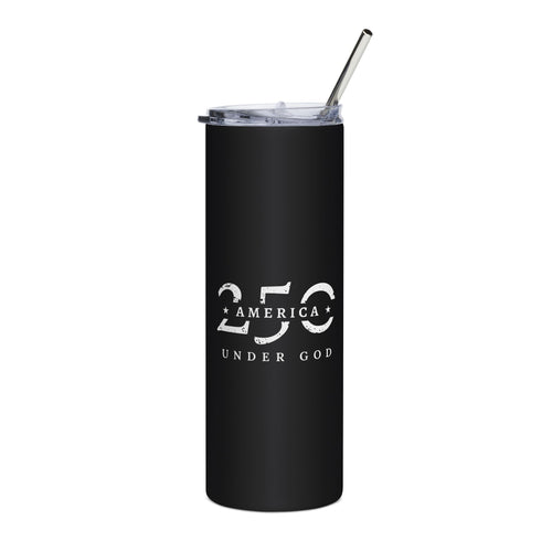 Black stainless steel tumbler with America 250 Years Under God design and a straw