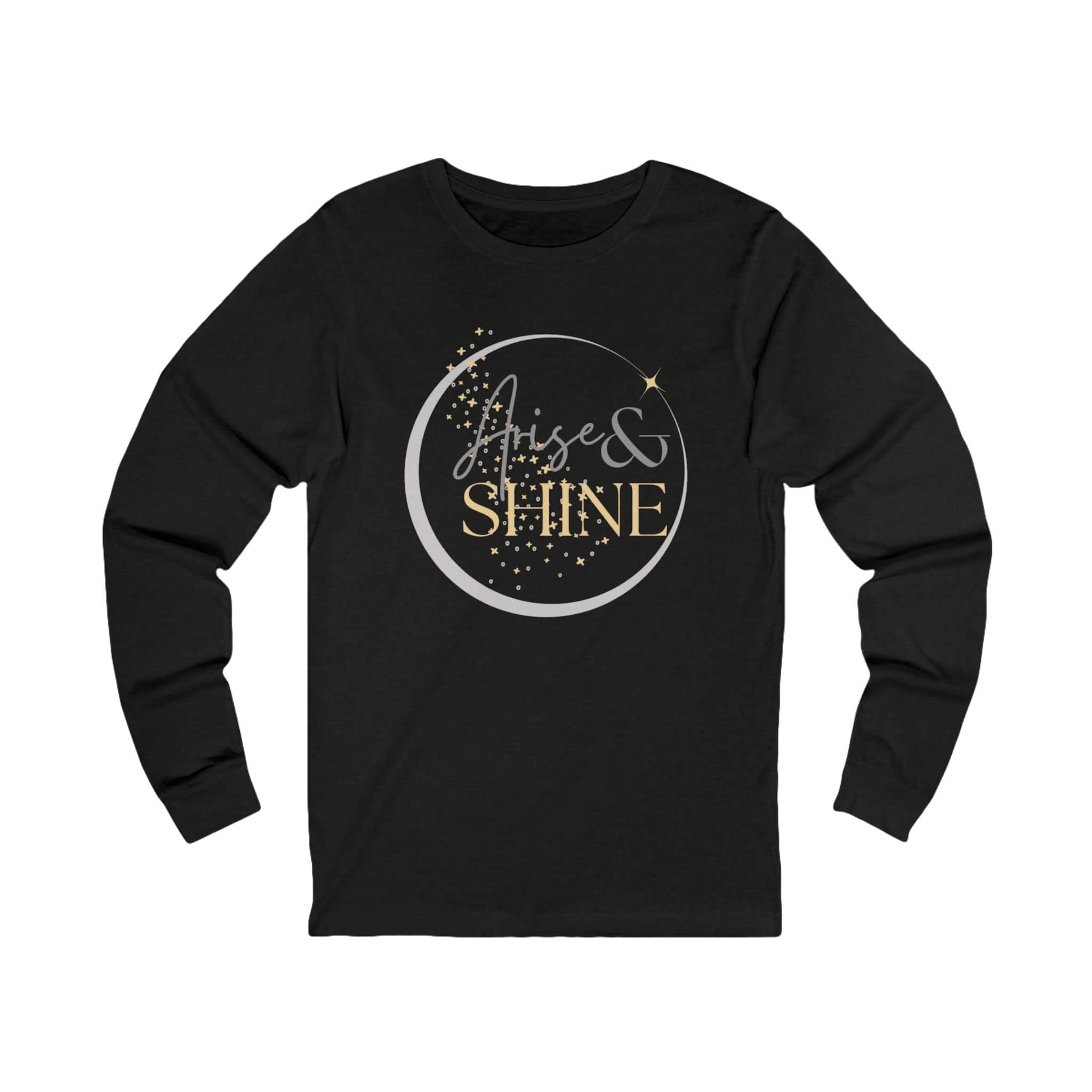 Arise and Shine Christian long sleeve women's shirt in black with elegant gold and silver design
