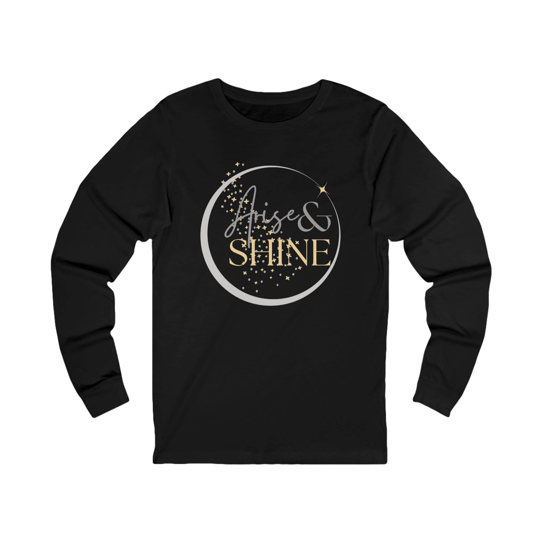 Arise and Shine Christian long sleeve women's shirt in black with stylish gold graphic design