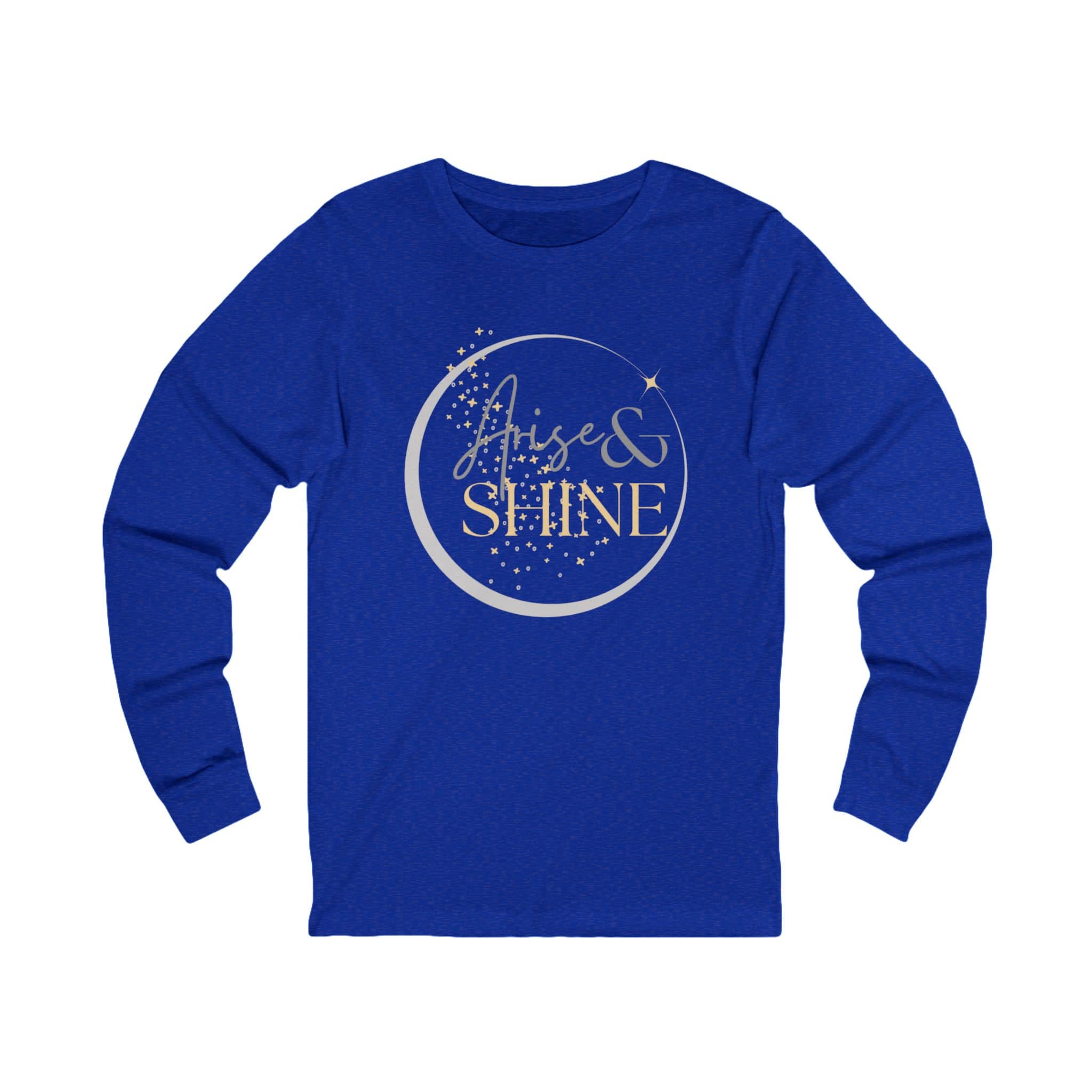 Arise and Shine Christian long sleeve women's shirt in blue with gold lettering and star accents