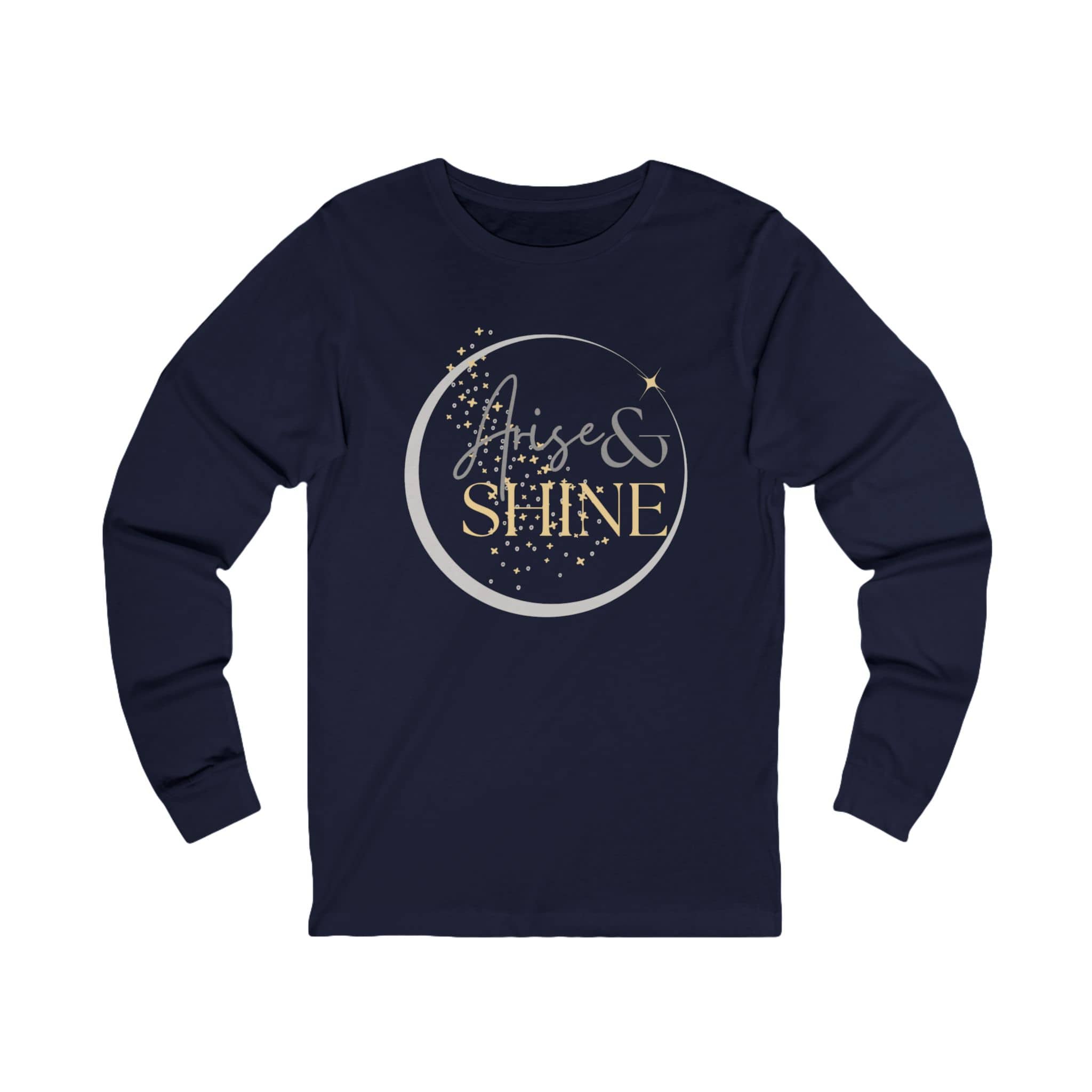 Arise and Shine Christian long sleeve women's shirt in navy with glittery gold design