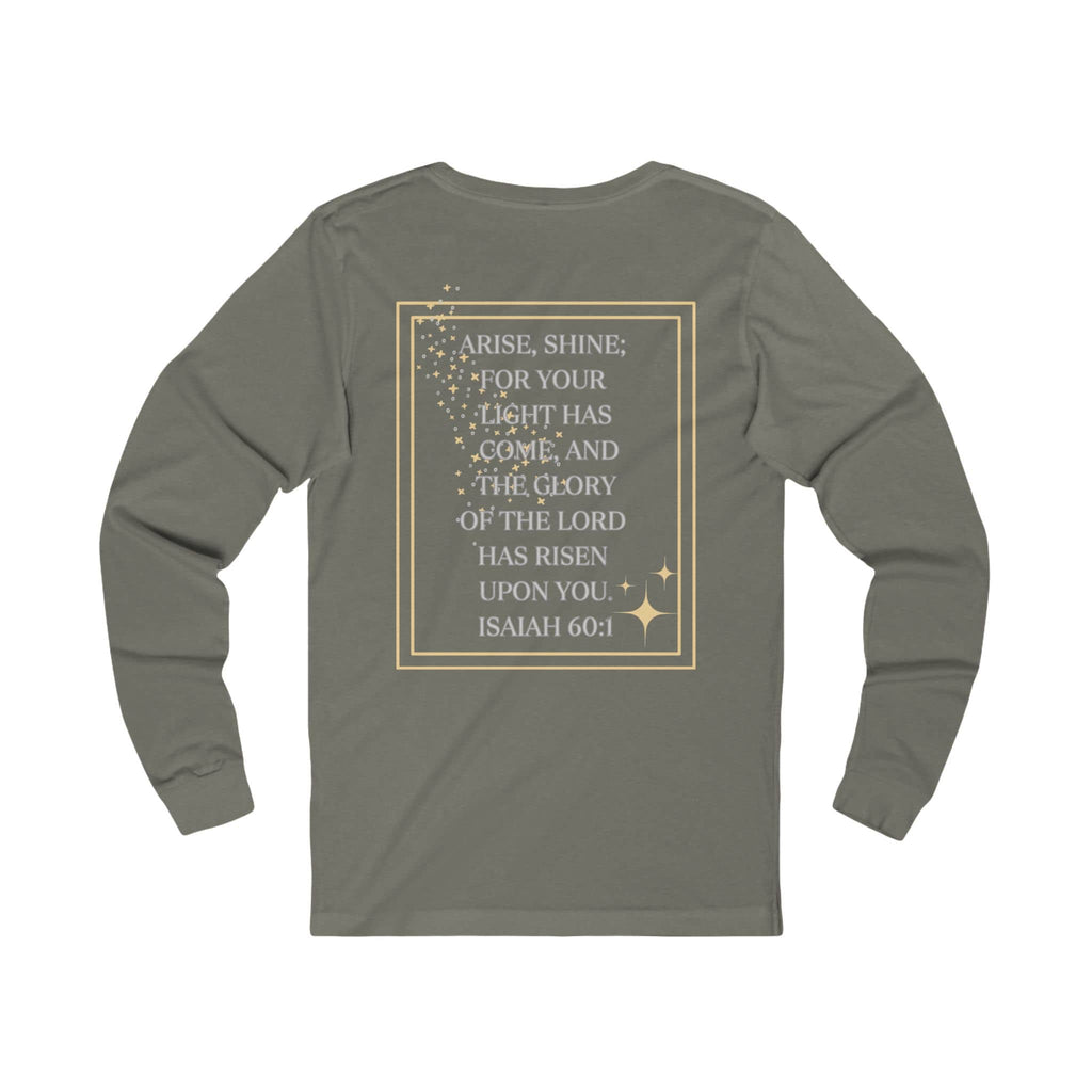 Arise and Shine Christian long sleeve women's shirt in olive green with inspirational text and gold accents