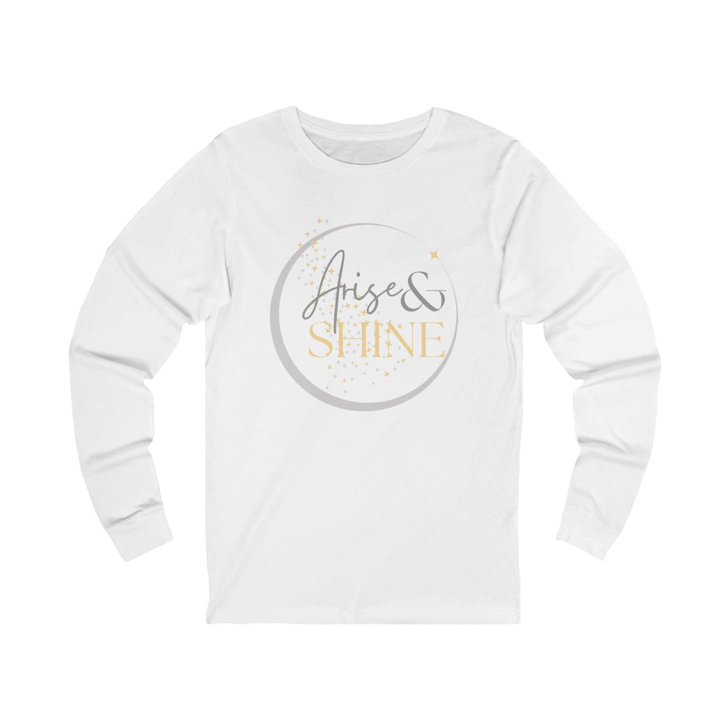 Arise and Shine Christian long sleeve women's shirt in white with stylish graphic design