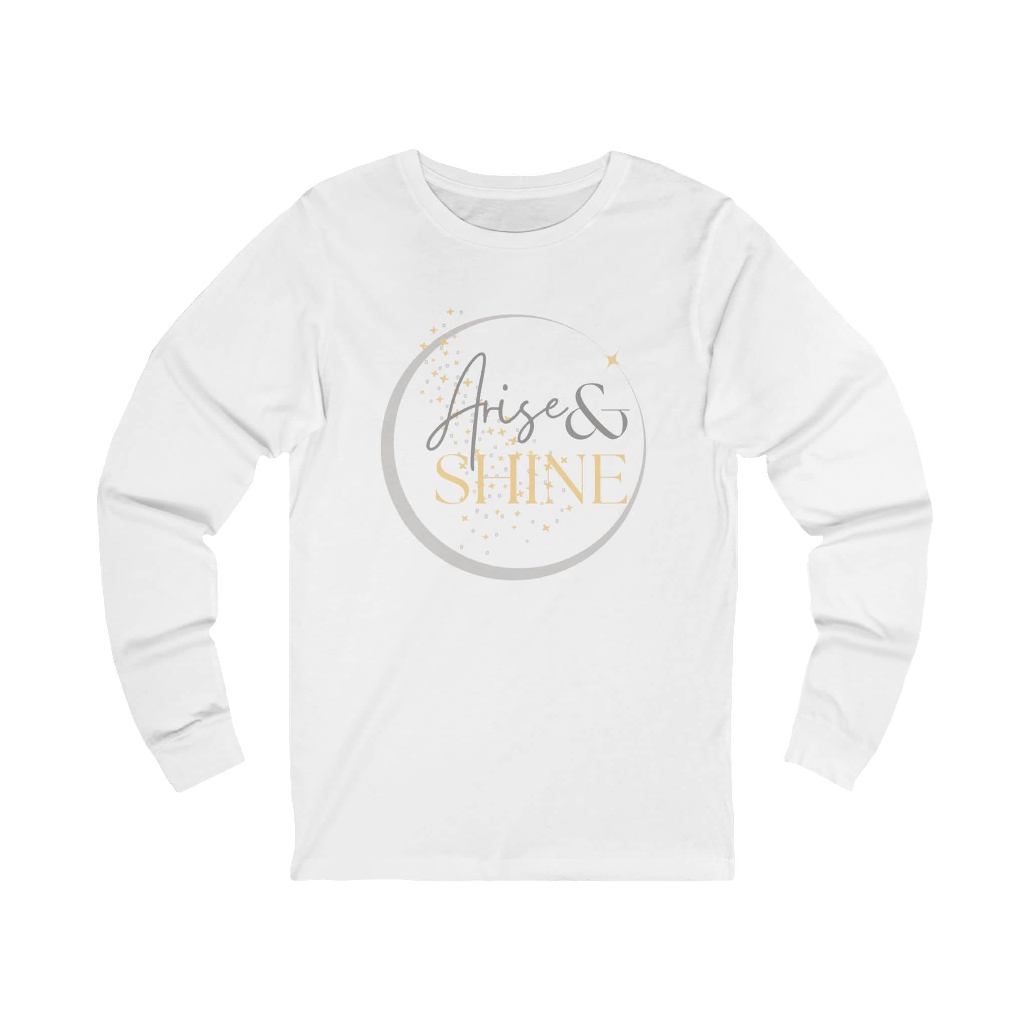 Arise and Shine Christian long sleeve women's shirt in white with stylish graphic design