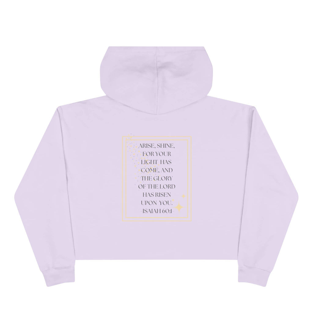 Arise & Shine Christian women's crop hoodie in lavender with inspirational quote design on the back