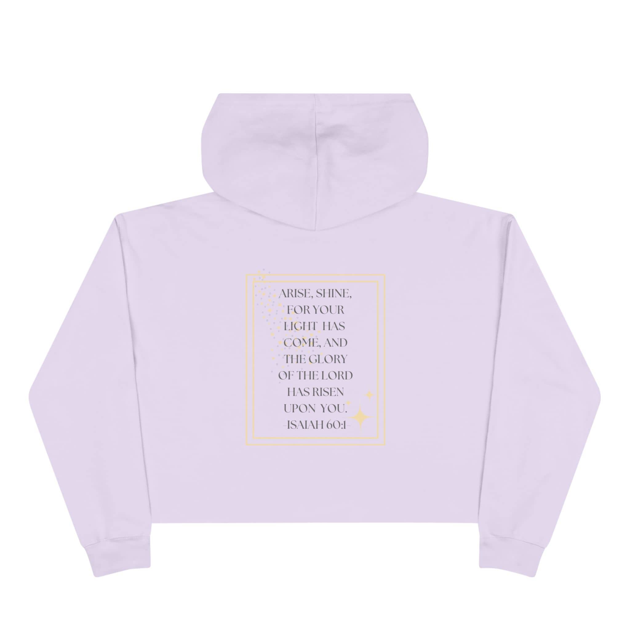 Arise & Shine Christian women's crop hoodie in lavender with inspirational quote design on the back
