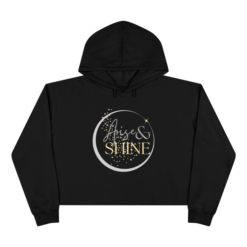 Arise & Shine Christian women's crop hoodie in black with stylish gold and silver design