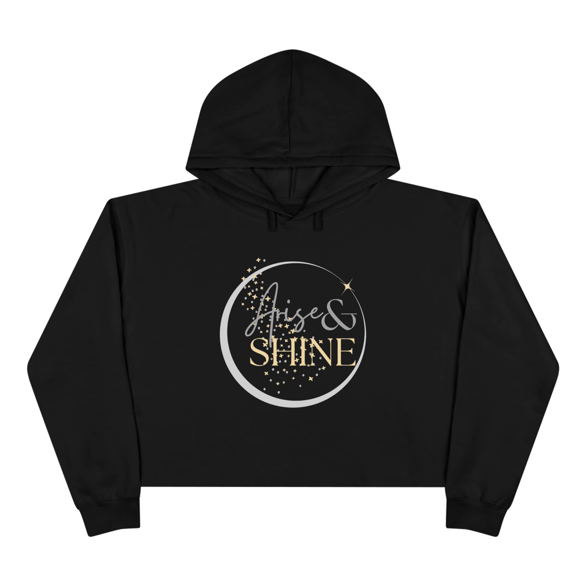 Arise & Shine Christian women's crop hoodie in black with stylish gold and silver design