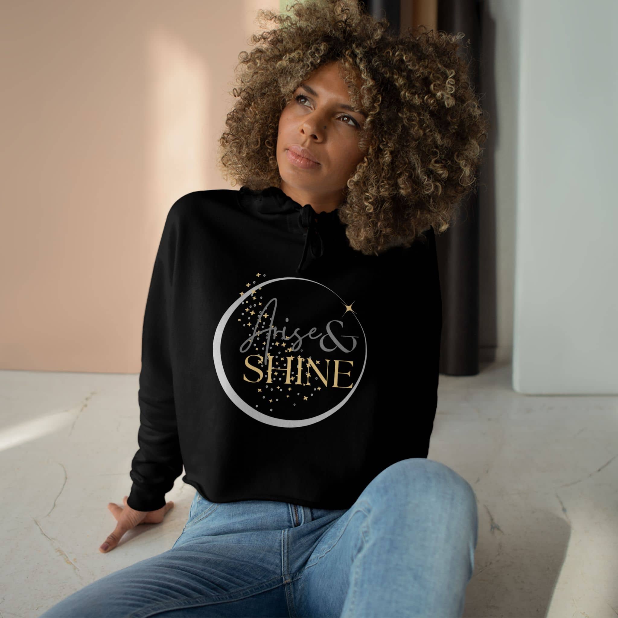 Arise & Shine Christian women's crop hoodie in black with stylish graphic design