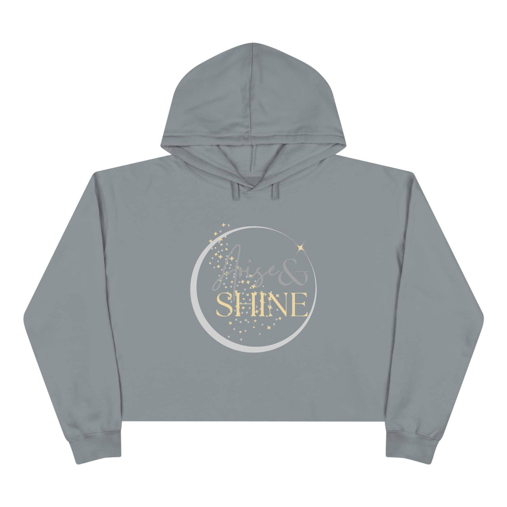 Arise & Shine Christian women's crop hoodie in grey with elegant celestial design