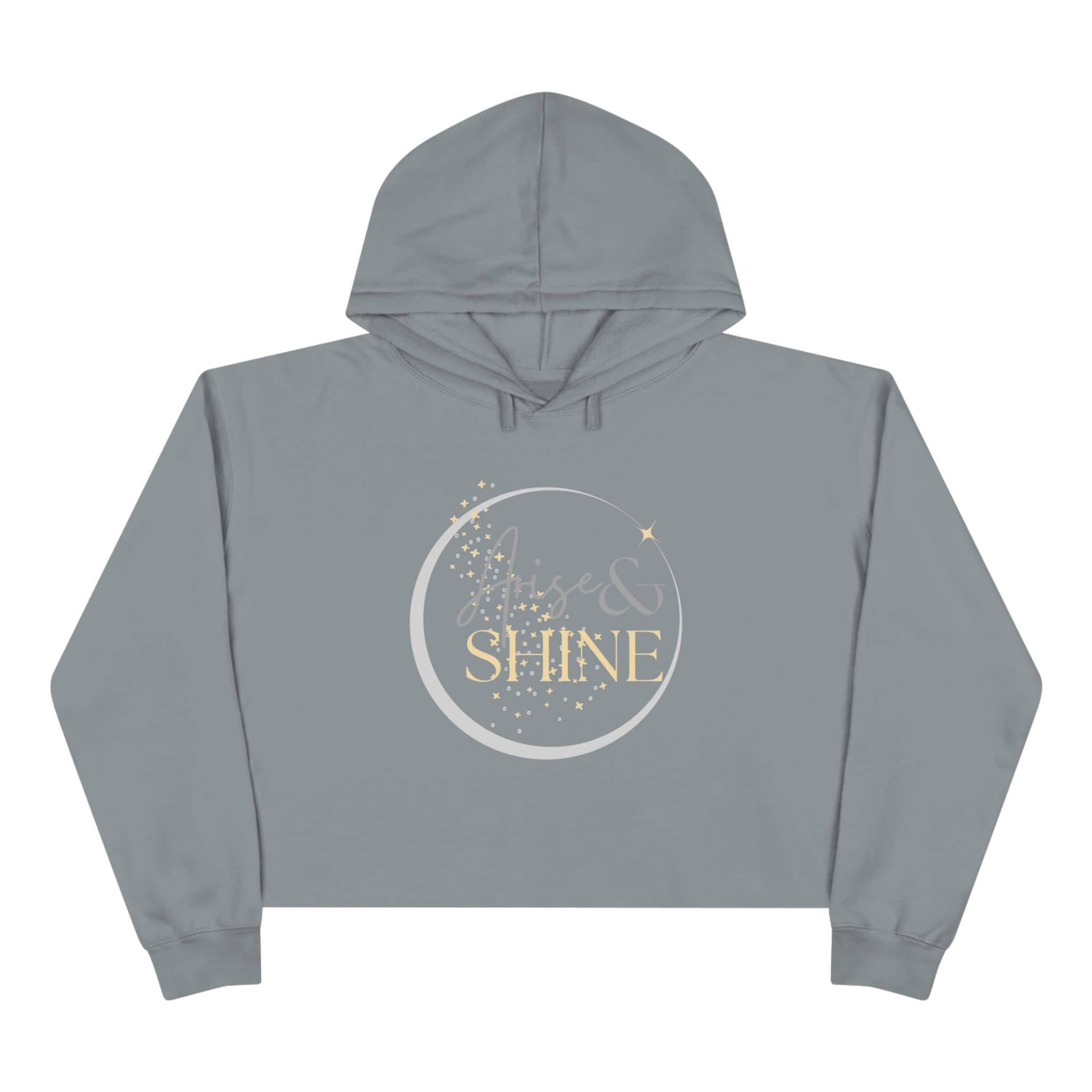 Arise & Shine Christian women's crop hoodie in grey with elegant celestial design