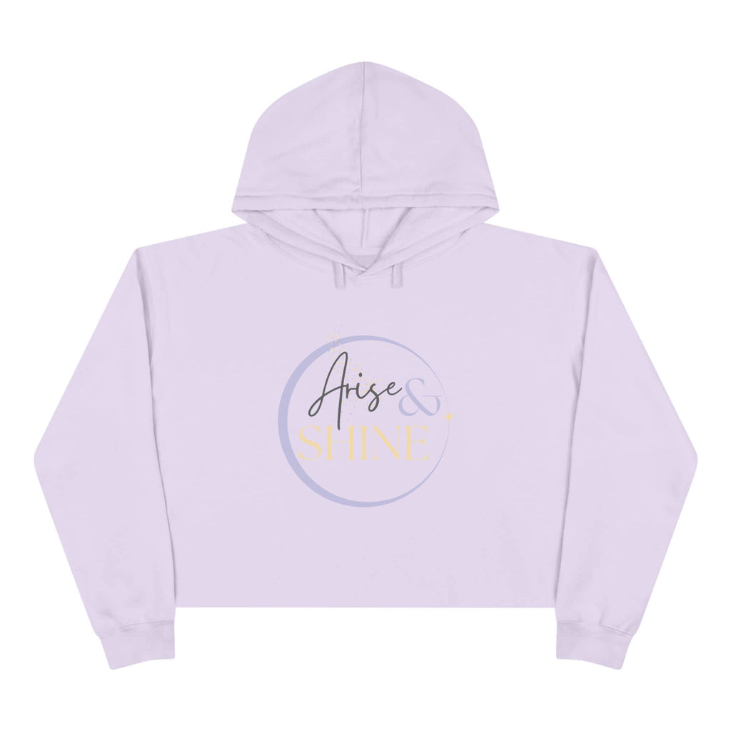 Arise & Shine Christian women's crop hoodie in light purple with stylish round logo design