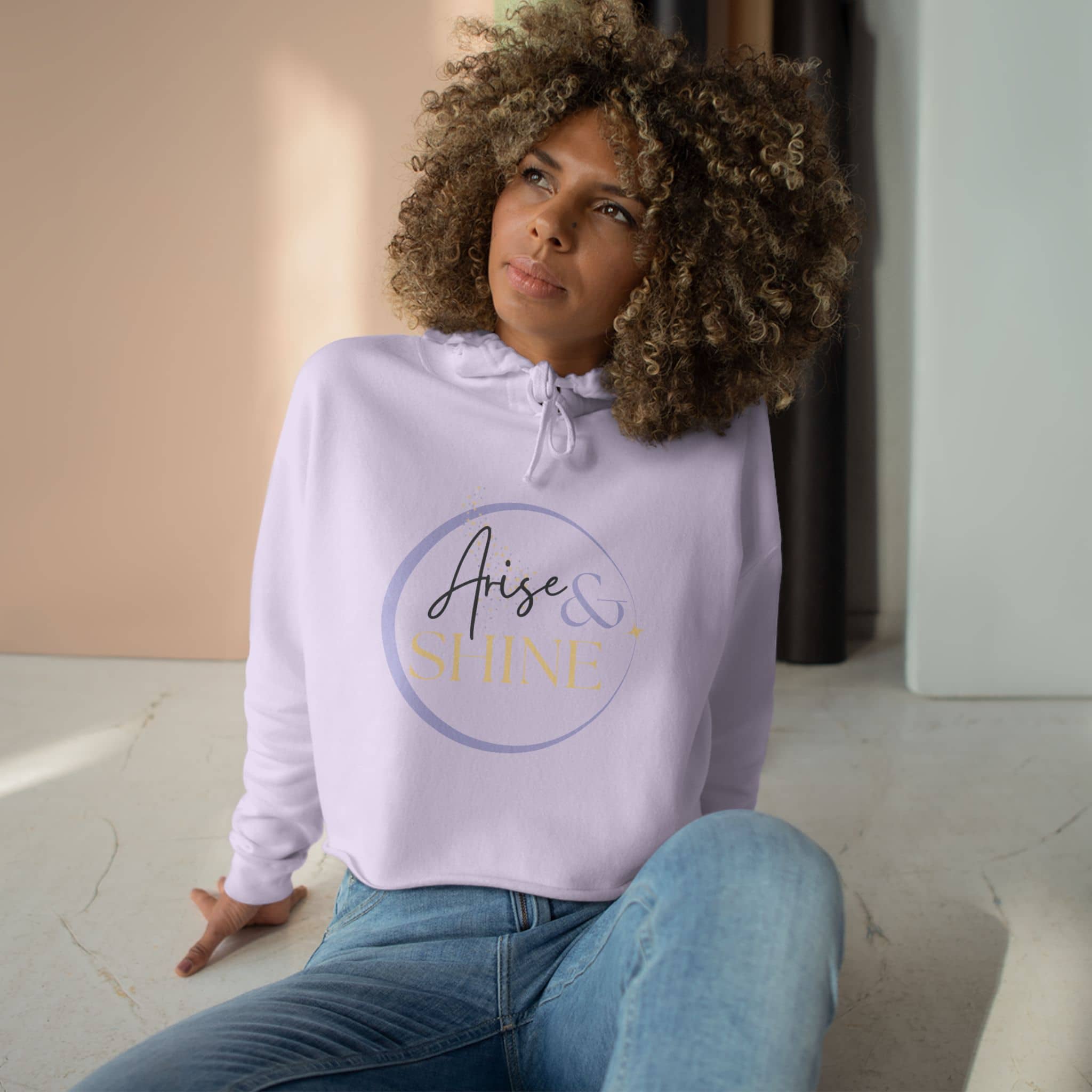 Arise & Shine Christian women's crop hoodie in light purple with stylish design for casual wear