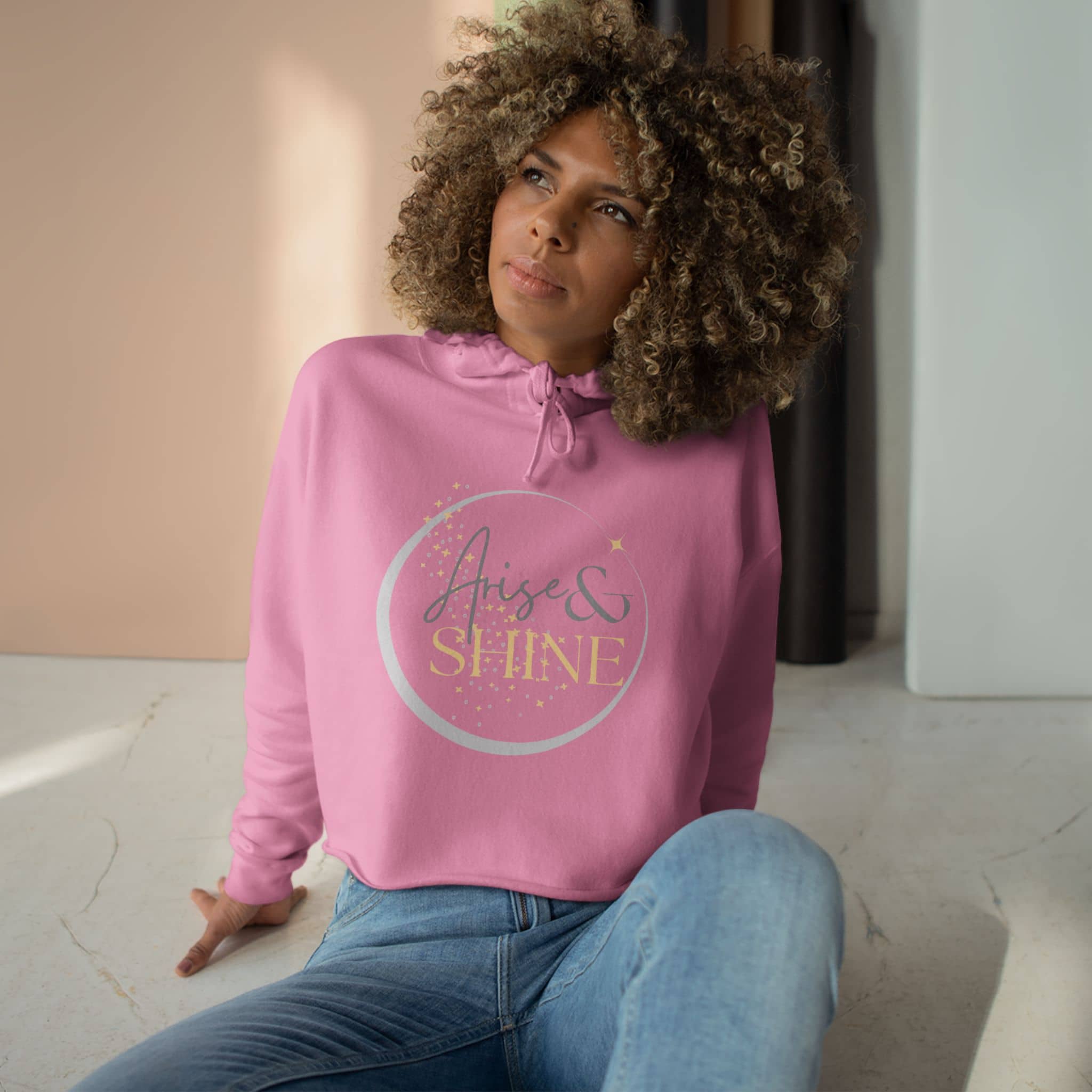 Arise & Shine Christian women's crop hoodie in pink with a stylish design for comfortable wear