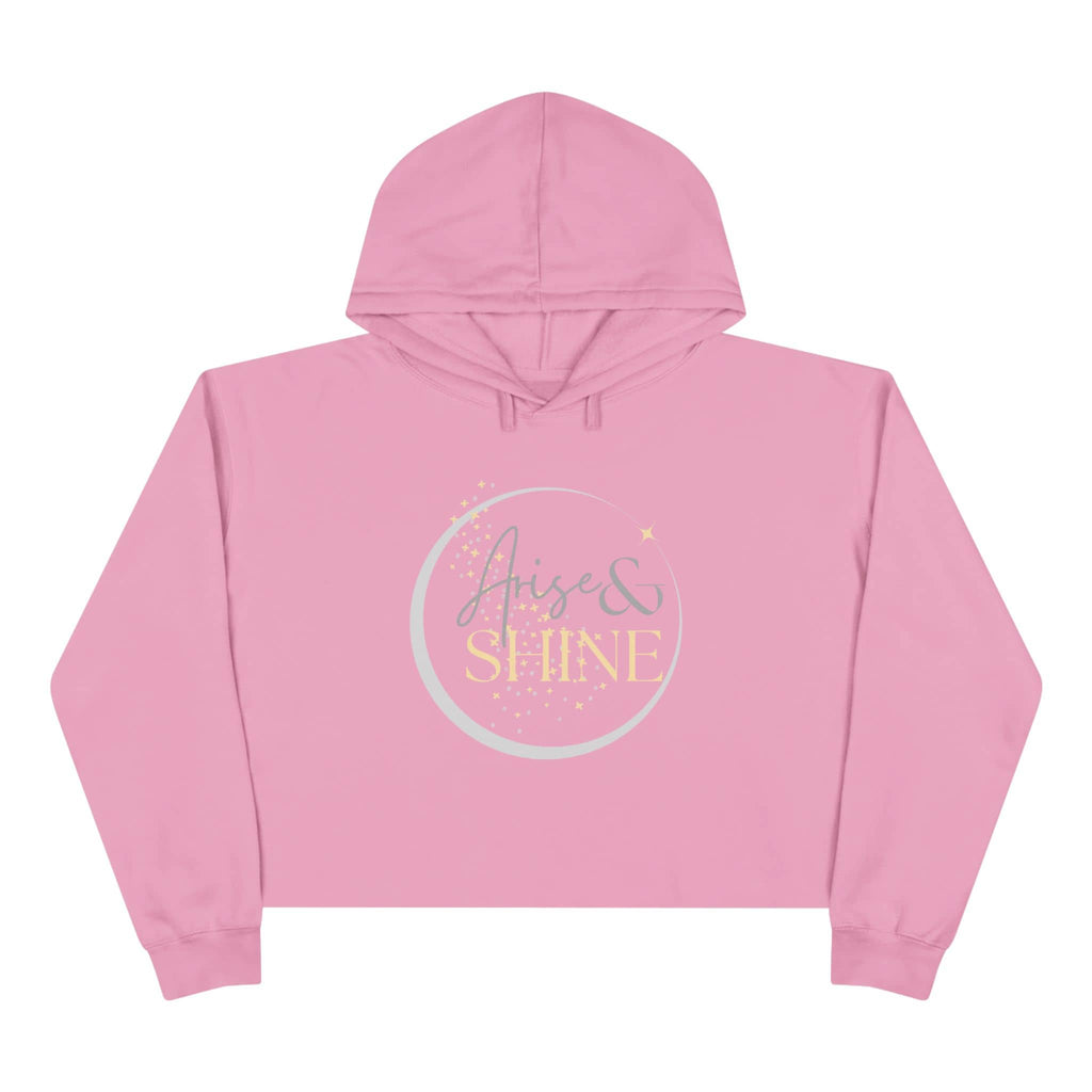 Arise & Shine Christian women's crop hoodie in pink with sparkly design and cozy fit