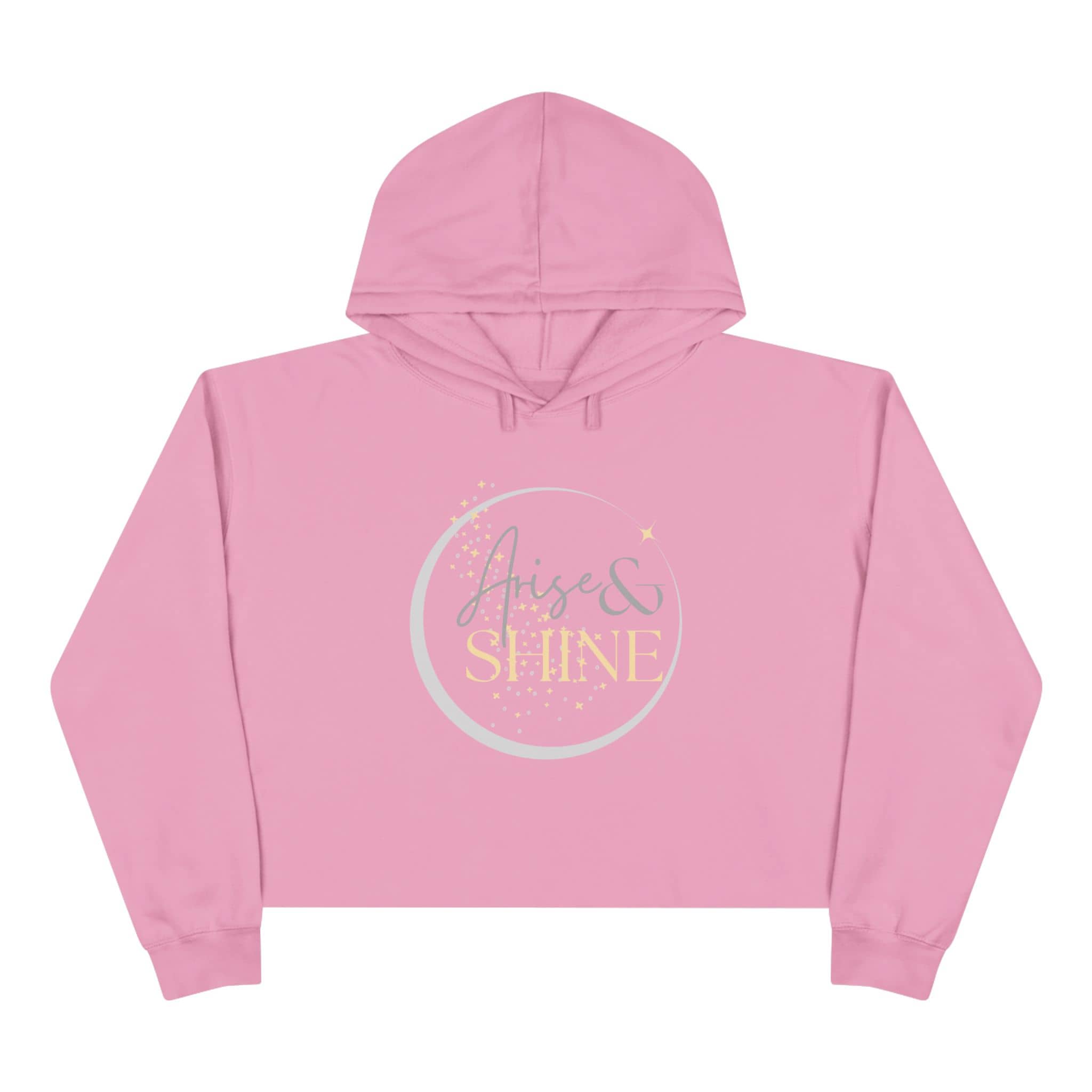 Arise & Shine Christian women's crop hoodie in pink with sparkly design and cozy fit