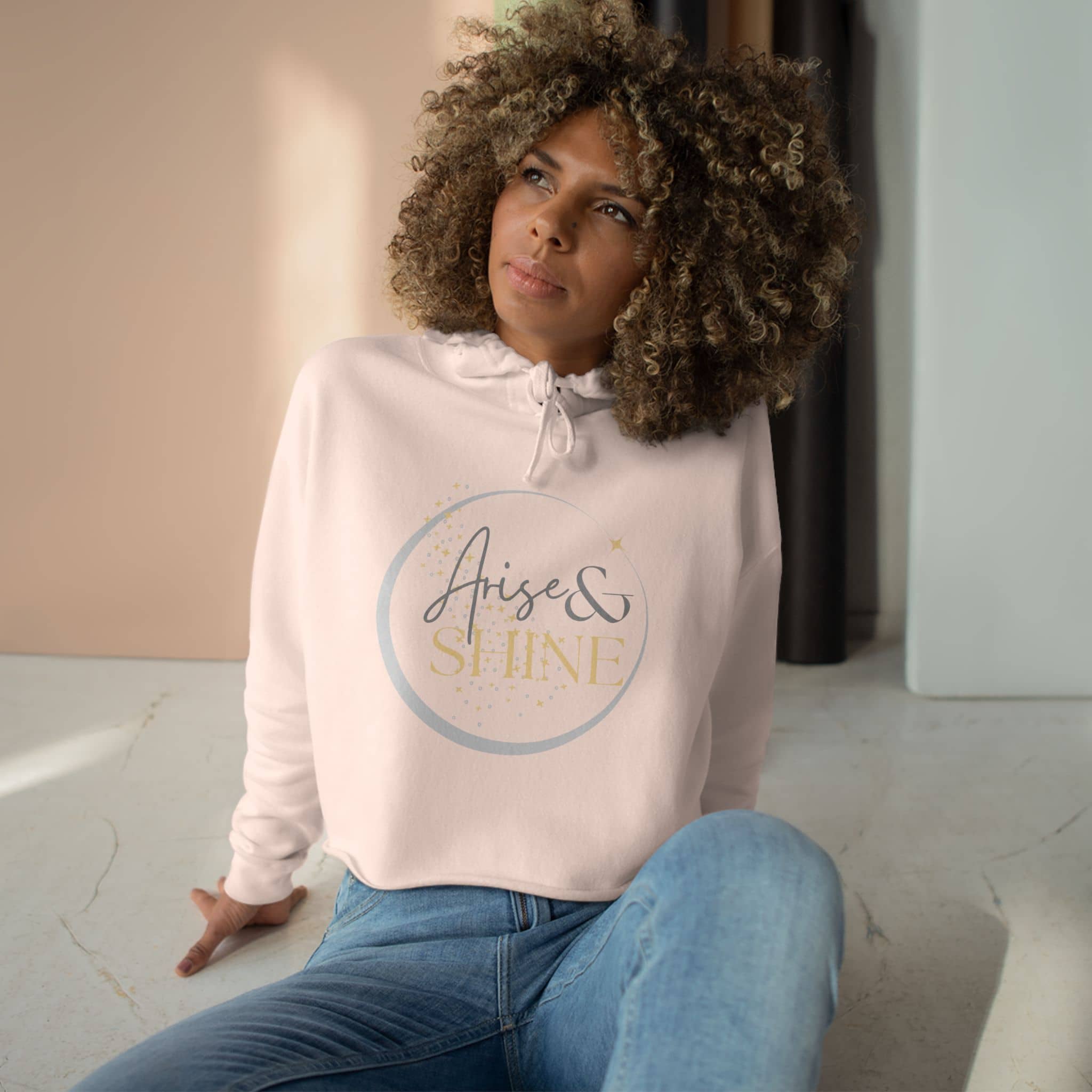 Arise & Shine Christian women's crop hoodie in light pink with stylish graphic design