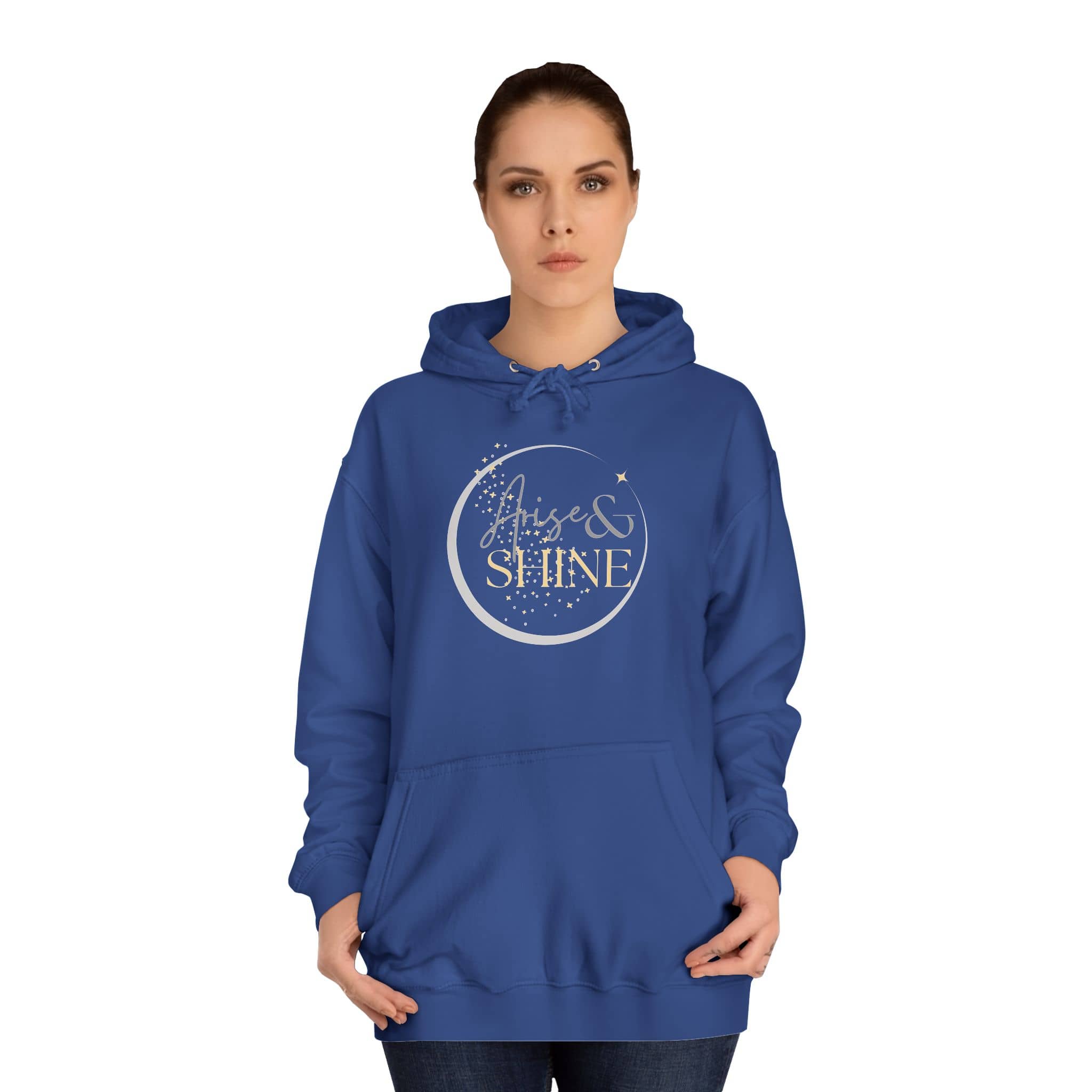 Arise & Shine Christian women's hoodie in blue with a stylish graphic design