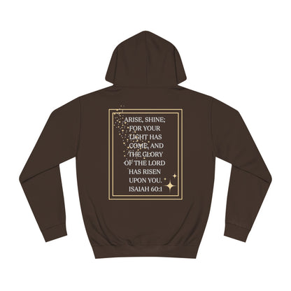 Arise & Shine Christian women's hoodie in brown featuring an inspirational quote from Isaiah 60:1