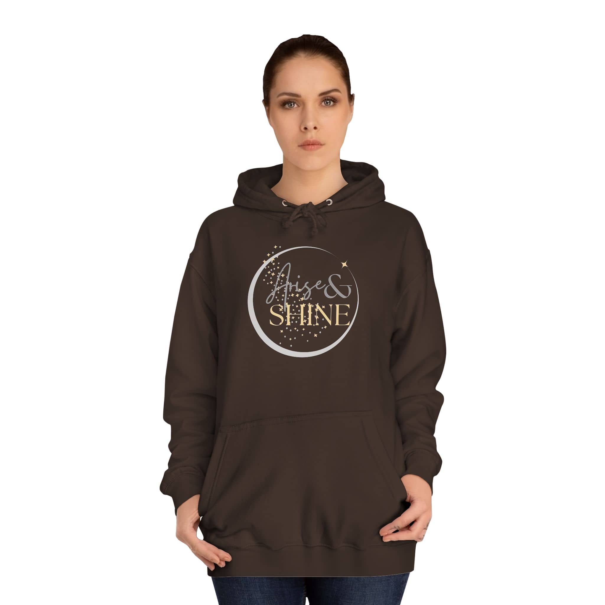 Arise & Shine Christian women's hoodie in dark brown with a stylish graphic design