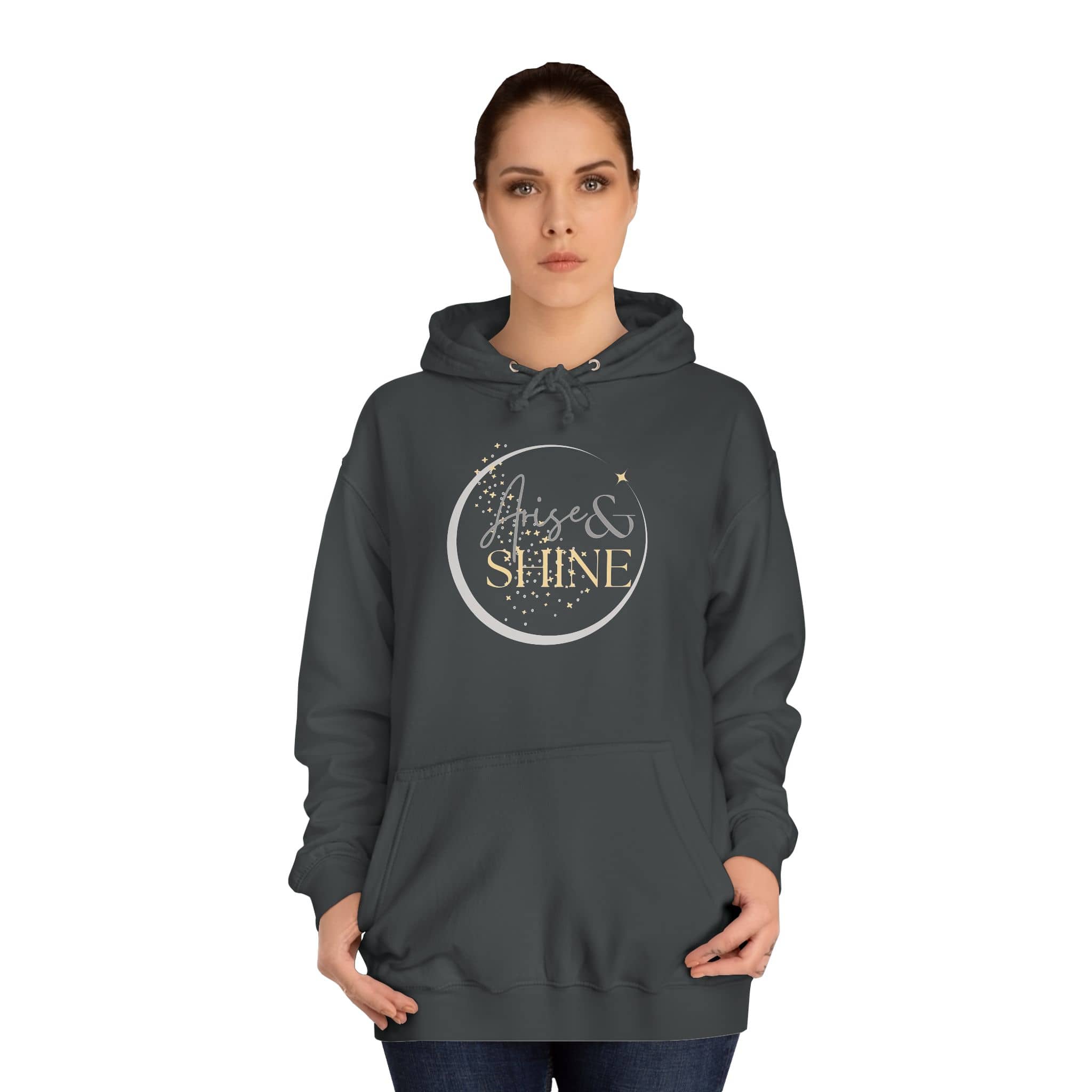Arise & Shine Christian women's hoodie in dark grey with a stylish graphic design