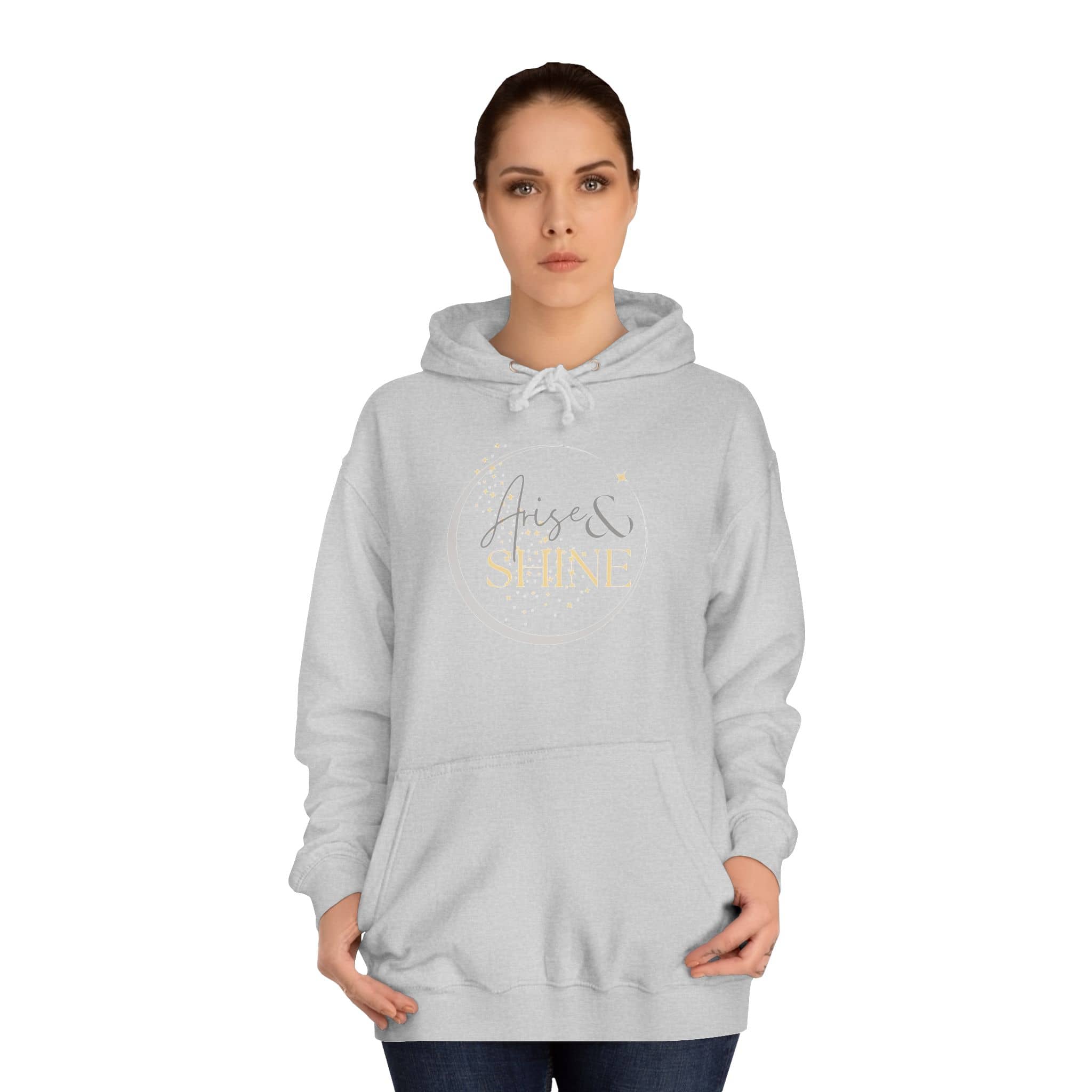 Arise & Shine Christian women's hoodie in light grey with a stylish design and cozy fit