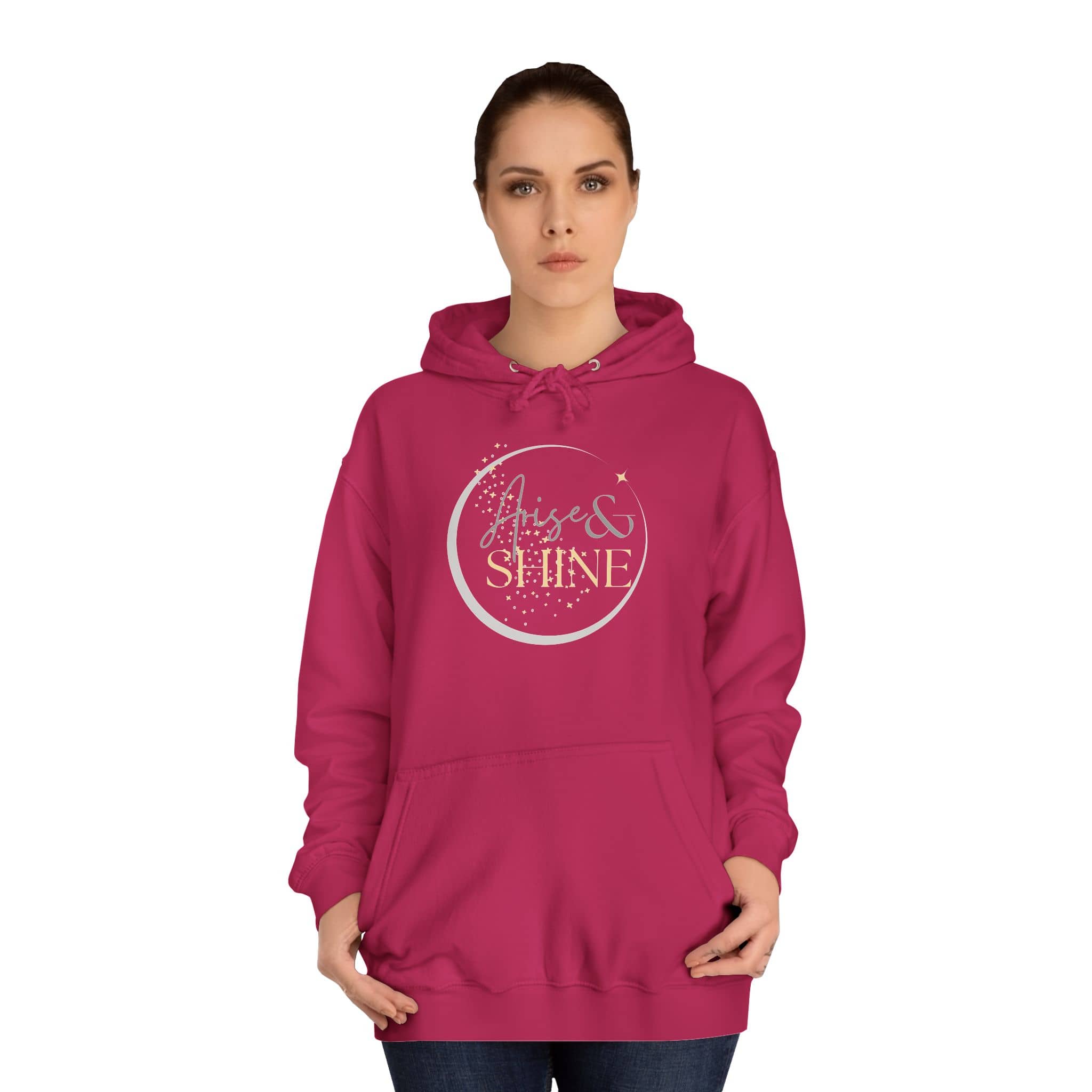 Arise & Shine Christian women's hoodie in heliconia with a stylish graphic design