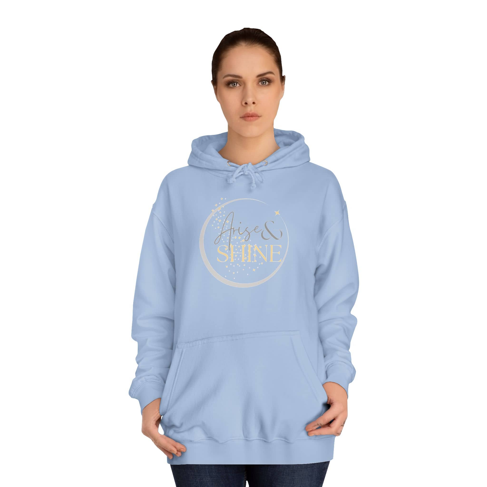 Arise & Shine Christian women's hoodie in light blue with a stylish graphic design